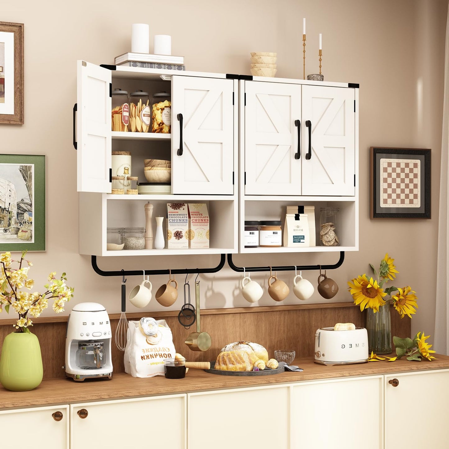RUSTOWN Farmhouse Wall Storage Cabinet with Two Barn Door, Rustic Mounted Medicine Cabinet with Adjustable Shelf and Towel Bar, 3-Tier Wood Cabinet for Kitchen, Bathroom, Living Room (Washed Oak)