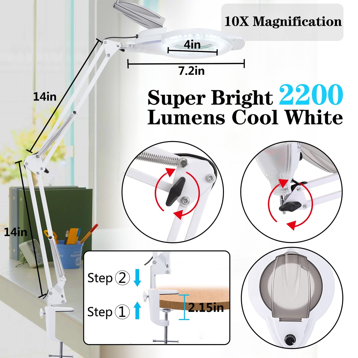 10X LED Magnifying Lamp with Clamp, KIRKAS 2,200 Lumens Dimmable Super Bright Daylight Magnifying Glass with Light and Stand, Adjustable Swivel Arm Magnifier lamp for Reading Repair Crafts-White
