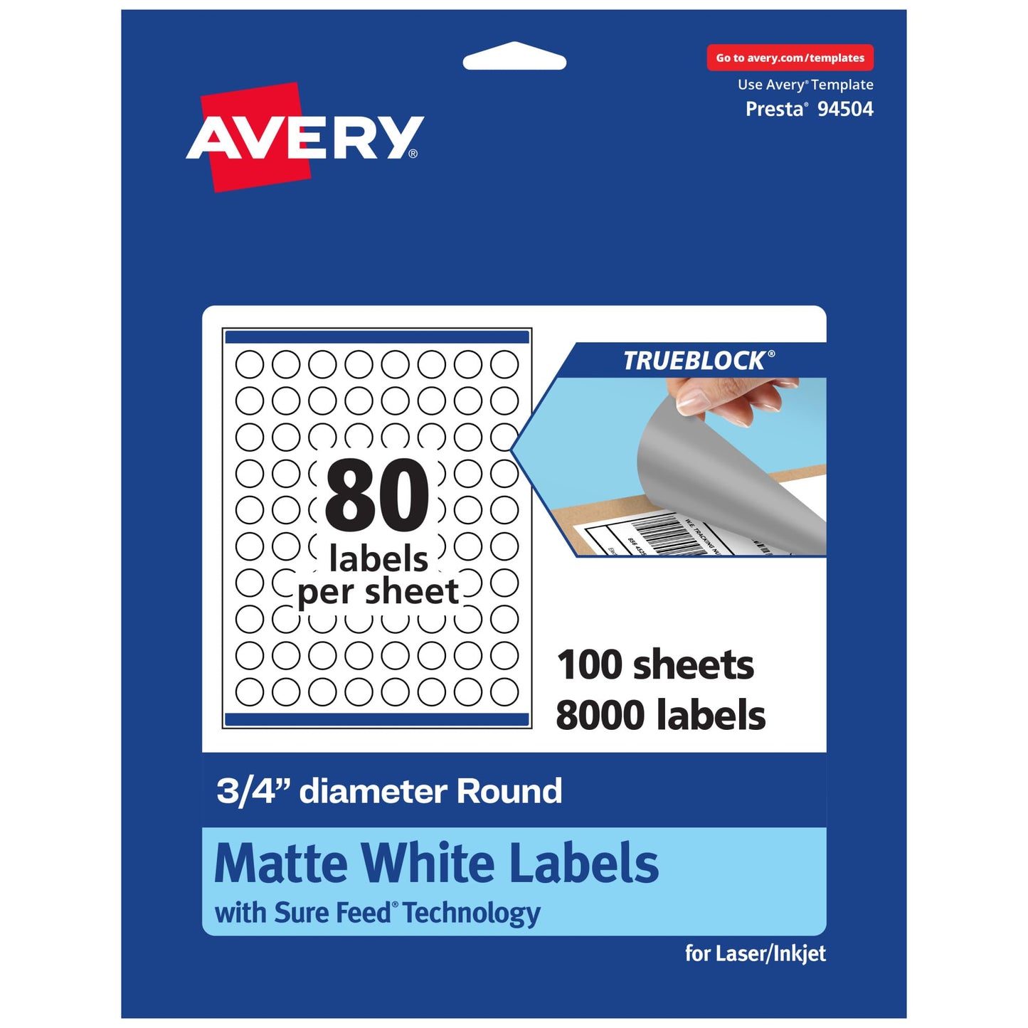 Avery TrueBlock Matte White Round Labels with Sure Feed, 0.75" Diameter, 8,000 Matte White Labels, Print-to-The-Edge, Laser/Inkjet Printable Labels, Great for Product Labels and Price Stickers