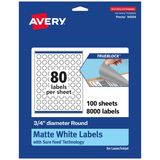 Avery TrueBlock Matte White Round Labels with Sure Feed, 0.75" Diameter, 8,000 Matte White Labels, Print-to-The-Edge, Laser/Inkjet Printable Labels, Great for Product Labels and Price Stickers