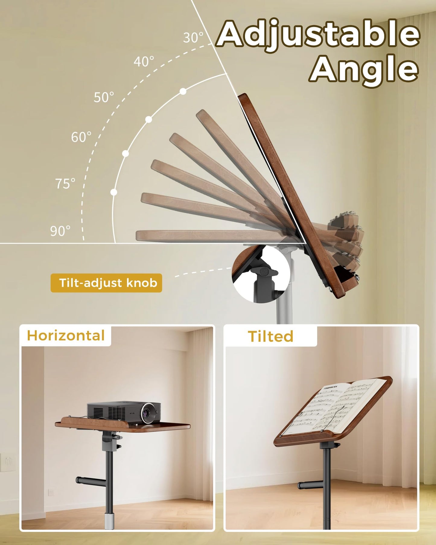 boostool Laptop Stand Floor, Wood Music Stand, Tablet Floor Stands Adjustable Height, Tall Book Stand Hands Free, for Projector, Office, Study, Brown