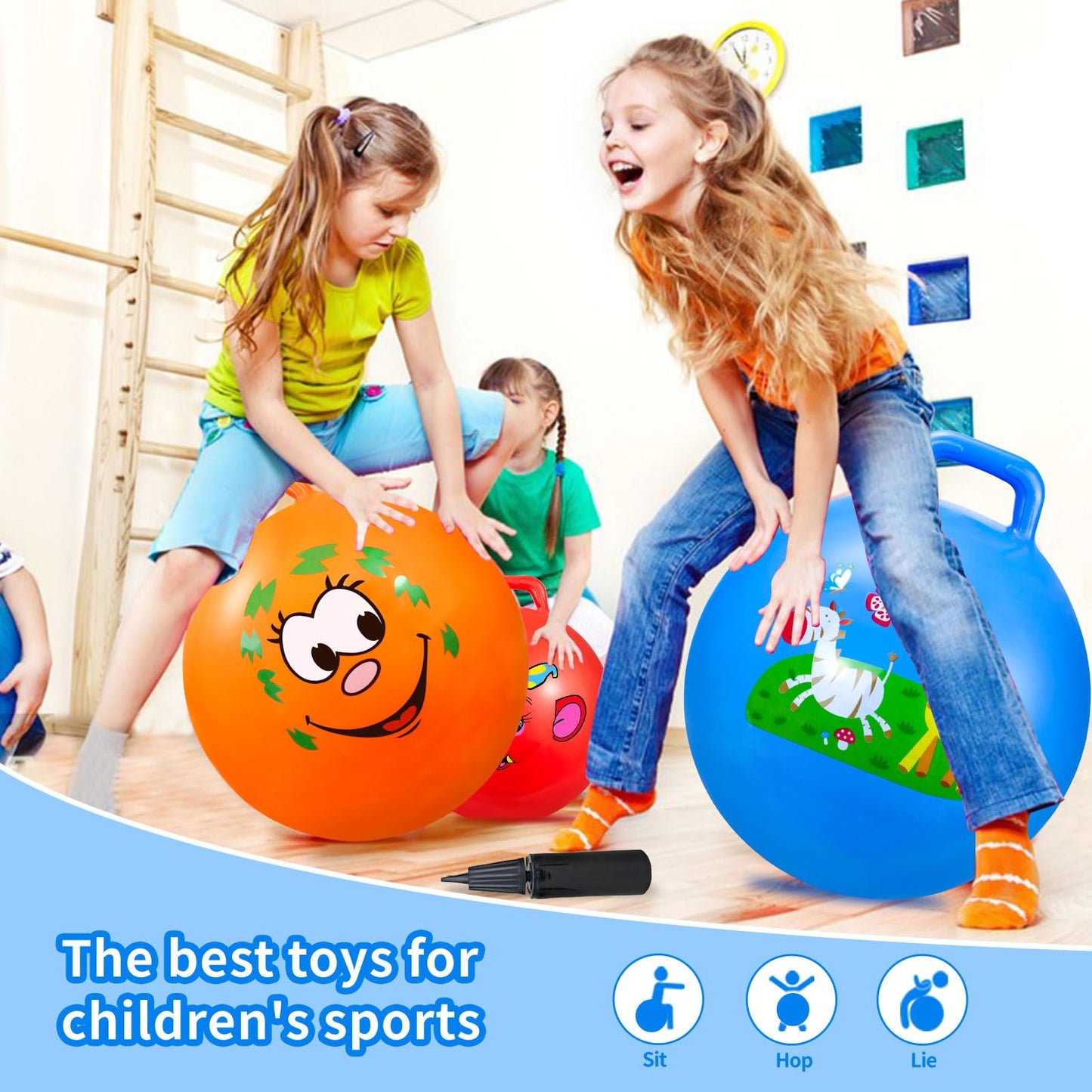 Ynanimery Space Hoppers 18 Inch Jumping Ball with Handle, Jumping Ball with Pump for Boys Girls Age 3-8, Indoor & Outdoor Garden Game