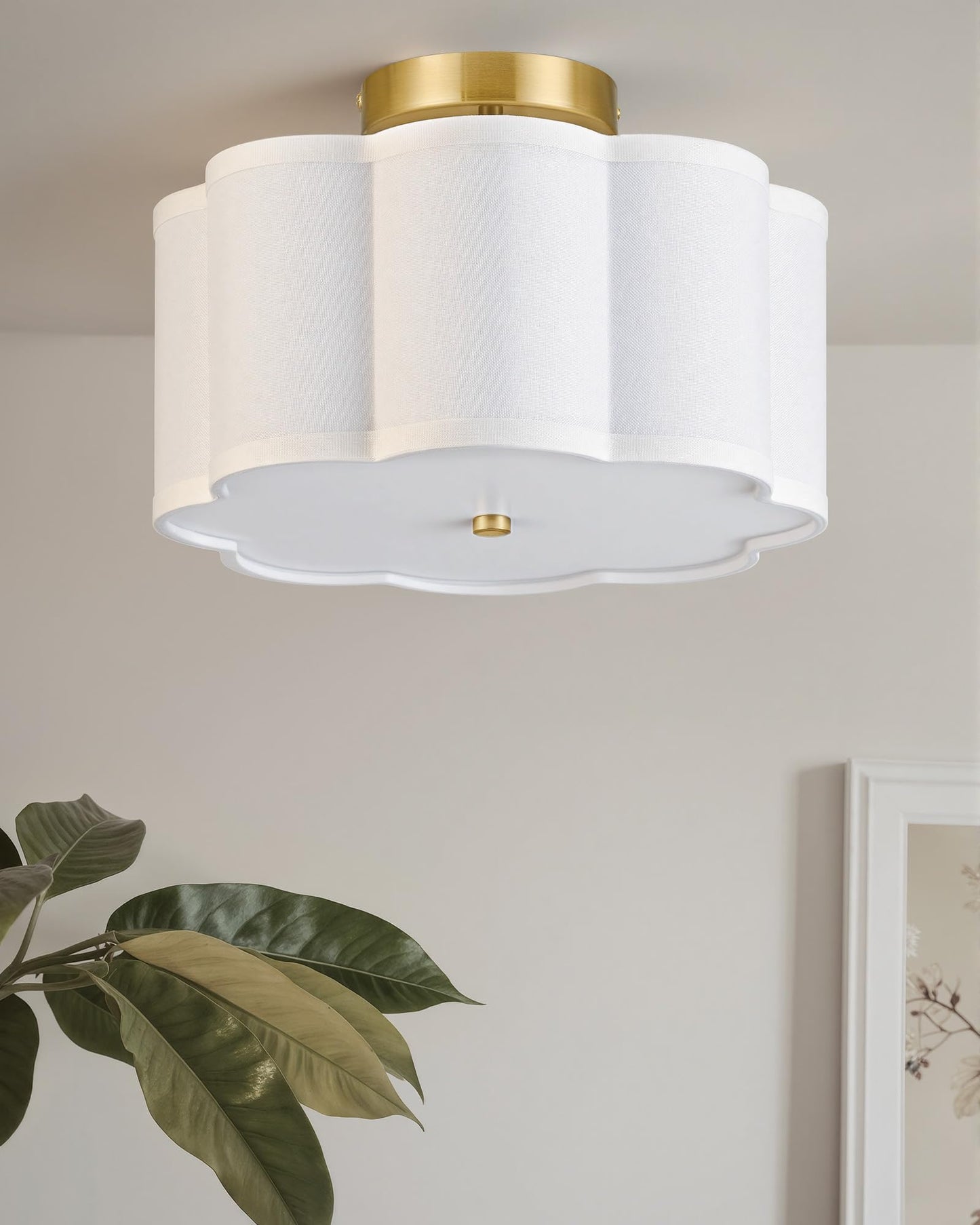 VONLUCE Semi Flush Mount Ceiling Light, 12.6" Ceiling Light Fixture with Flower-Shaped Fabric Shade, 3-Light Modern Light Fixture for Bedroom Living Room Nursery Hallway, White Shade & Gold Finish