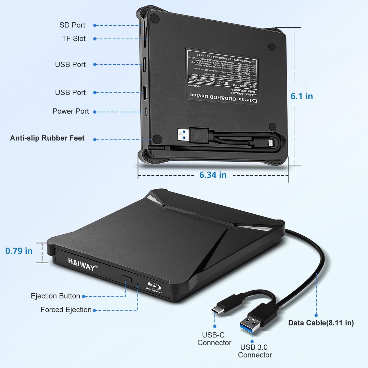 Haiway 5 in 1 External Blu-ray Burner Drive, USB 3.0 & Type-C DVD/CD/Blu ray Burner Writer with SD/TF Card Reader, Supports 100GB Discs R/W for Windows, Linux, macOS (PC/Laptop/Desktop)