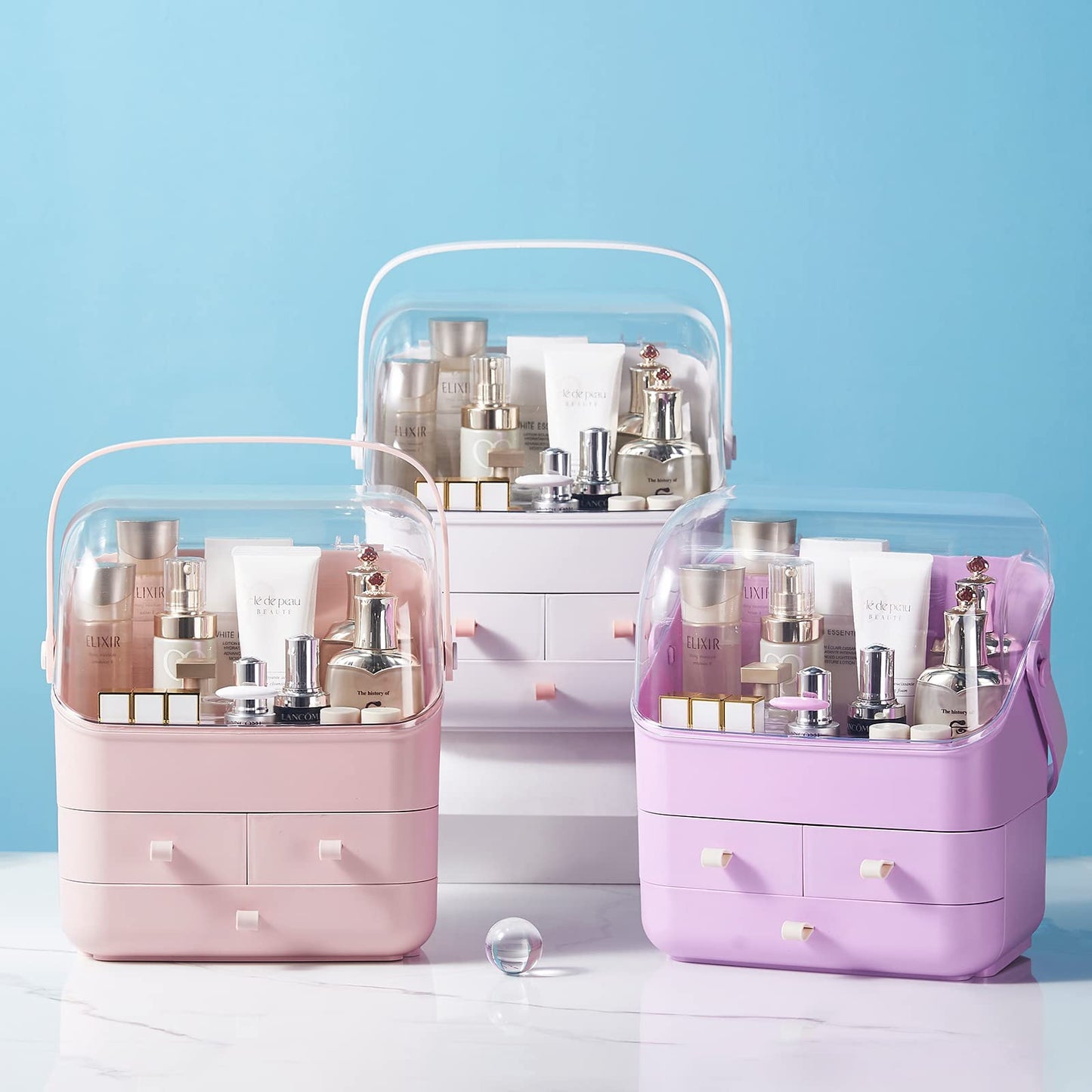 SUNFICON Preppy Skincare Organizers Makeup Organizer Holder Beauty Cosmetic Storage Box Large Display Case Dust Free Cover Portable Handle 2 Rroomy Drawers Gift Great For Bathroom Countertop White