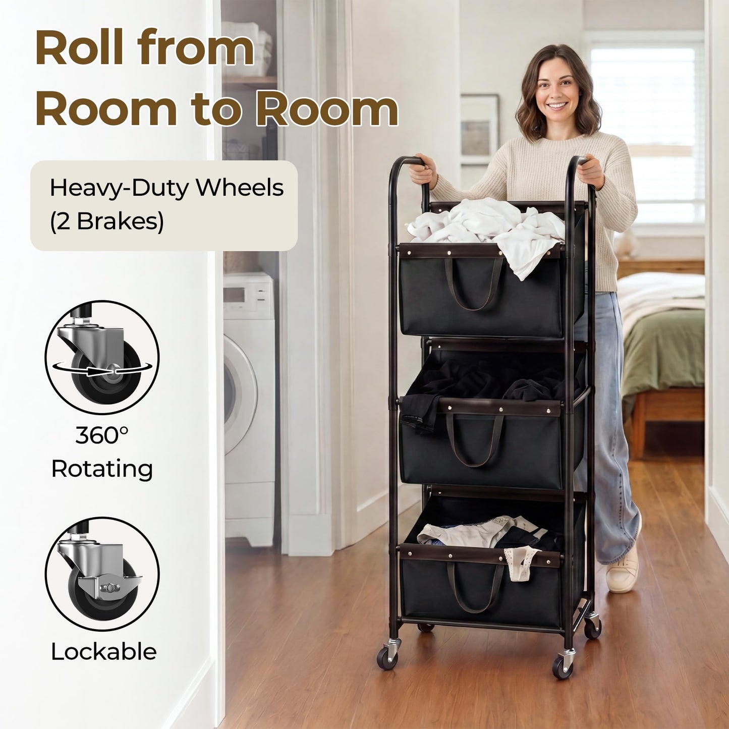 GRANNY SAYS 3 Section Tiered Laundry Sorter, Slim Vertical Laundry Hamper with Wheels, Narrow Rolling Laundry Cart with Removable Bags for Laundry Room, Bathroom, Closet, Dorm, Black