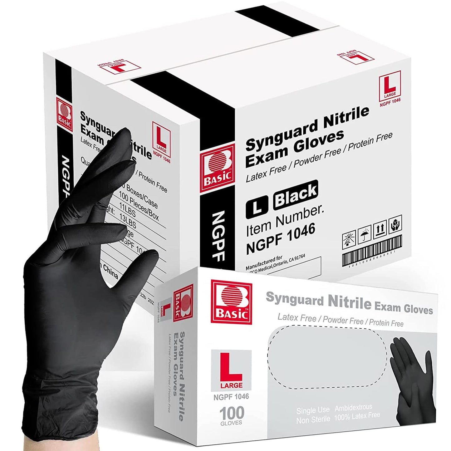 Intco Basic Medical Black Nitrile Exam Gloves 4.5 Mil - Latex-Free & Powder-Free - NGPF 1046 (Case of 1,000), Large