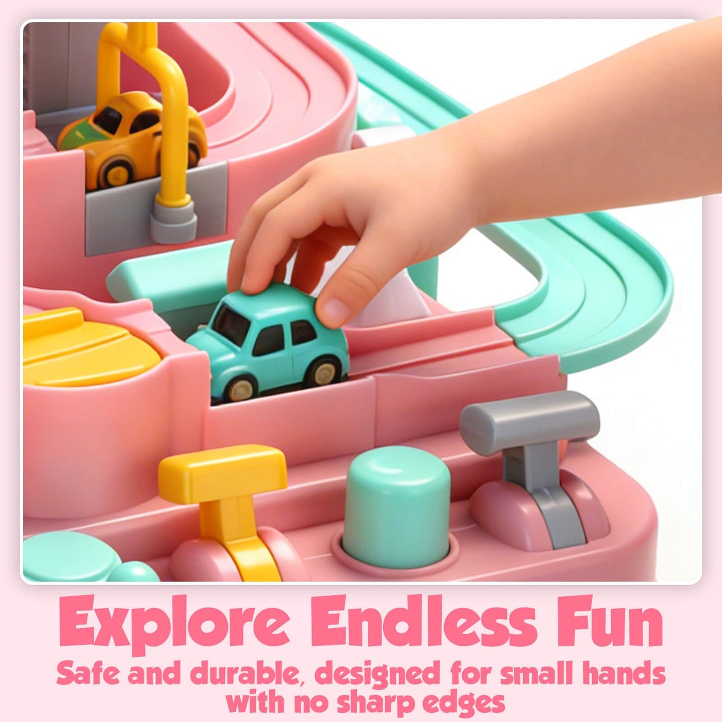 Gretex Car Race Track for Kids Ages 3-6: City Rescue Car Track Set with 4 Mini Cars and Helicopter, Preschool STEM Toy, Educational Obstacle Course Playset for Kids Ages 3-6, Birthday Gift for Girls