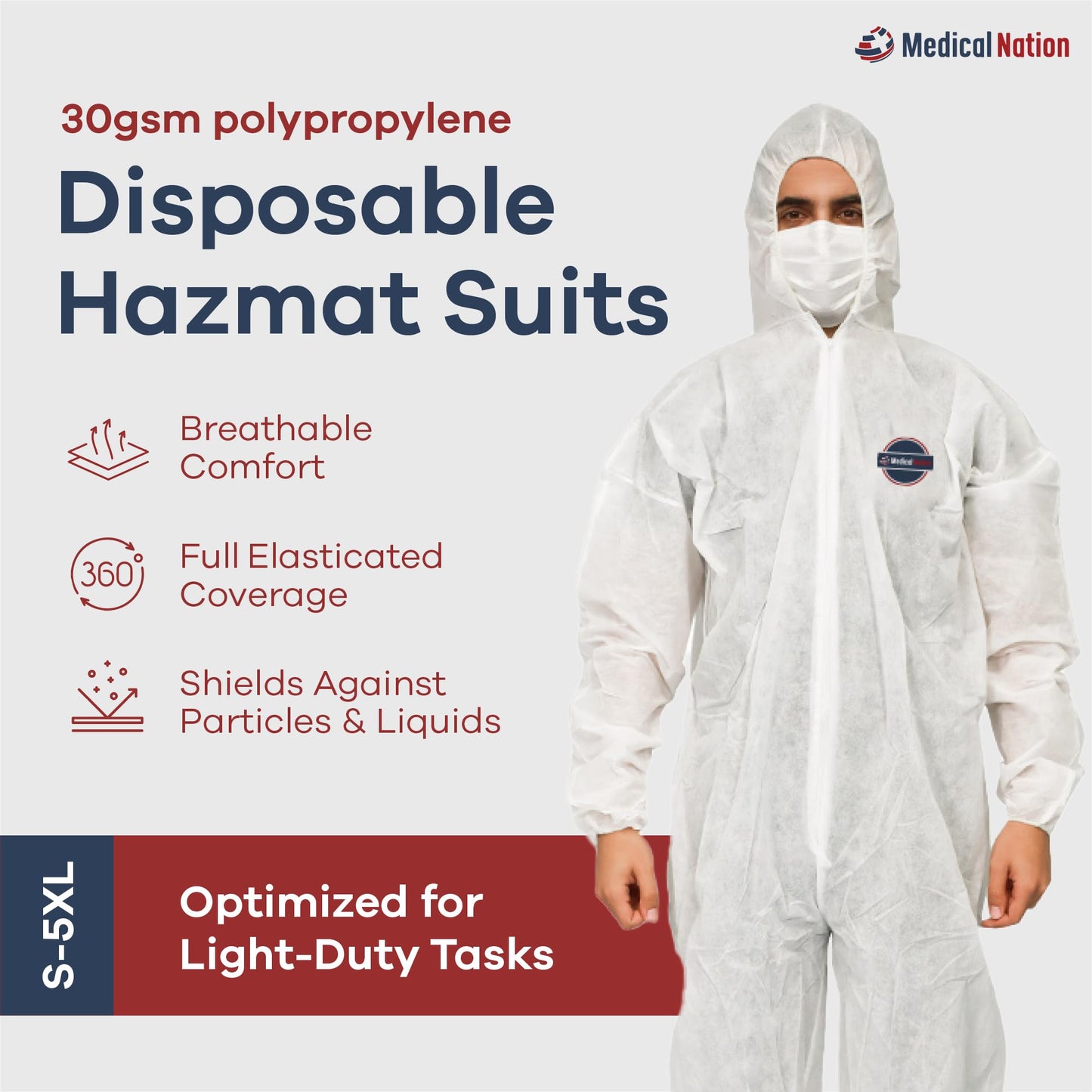 Medical Nation Hazmat Suits Disposable | 25 Pack | Light Duty Disposable Coveralls Men | With Attached Hood - Overall Protective Chemical Suit for Men & Women, Disposable Paint Suit - Size Extra Large