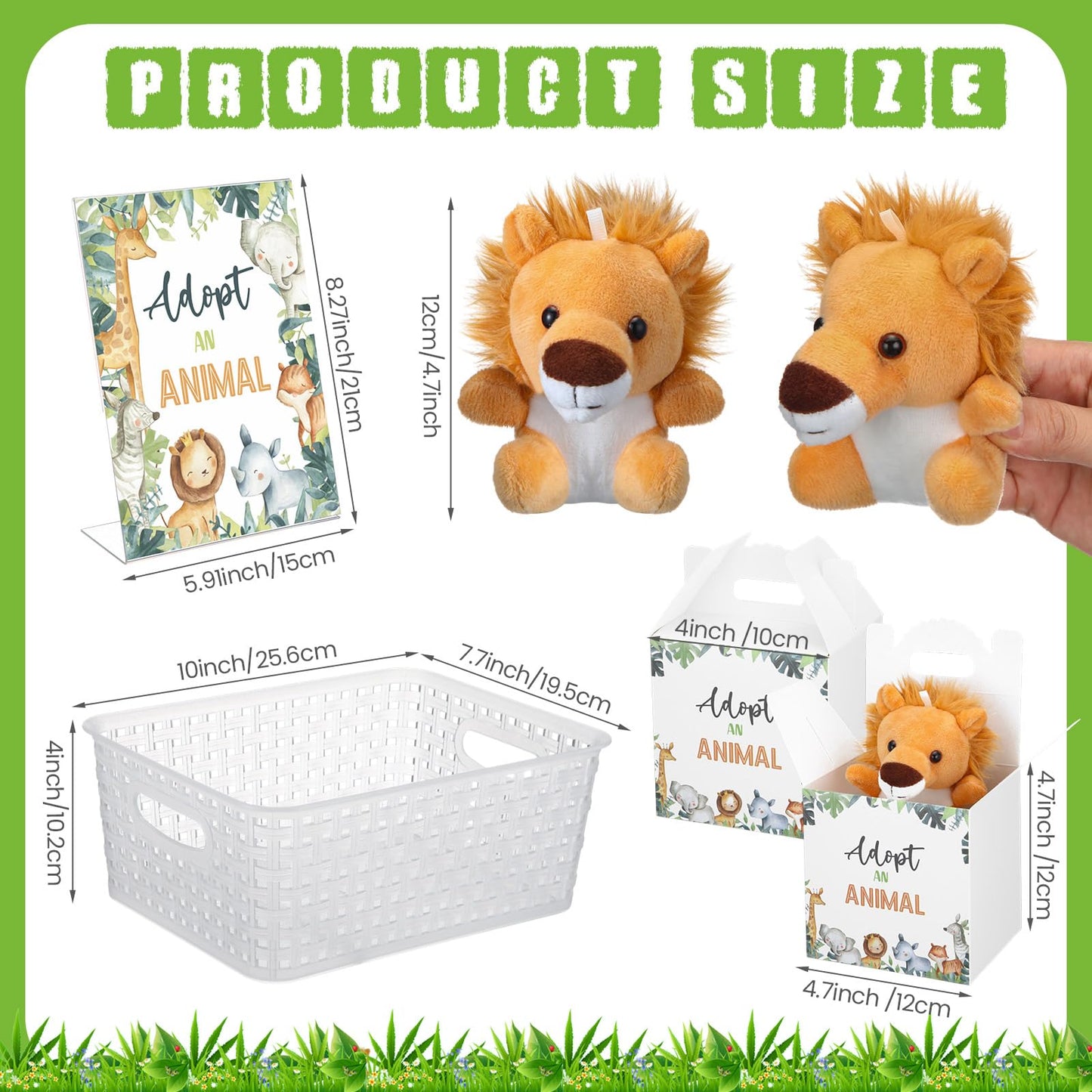 Vinsot 39 Pcs Mini Safari Stuffed Animals Set 18 Small Jungle Forest Animal Plush Toys 18 Kraft Paper Boxes Acrylic Sign Plastic Basket Adopt an Animal Favors for Birthday Supplies Gifts