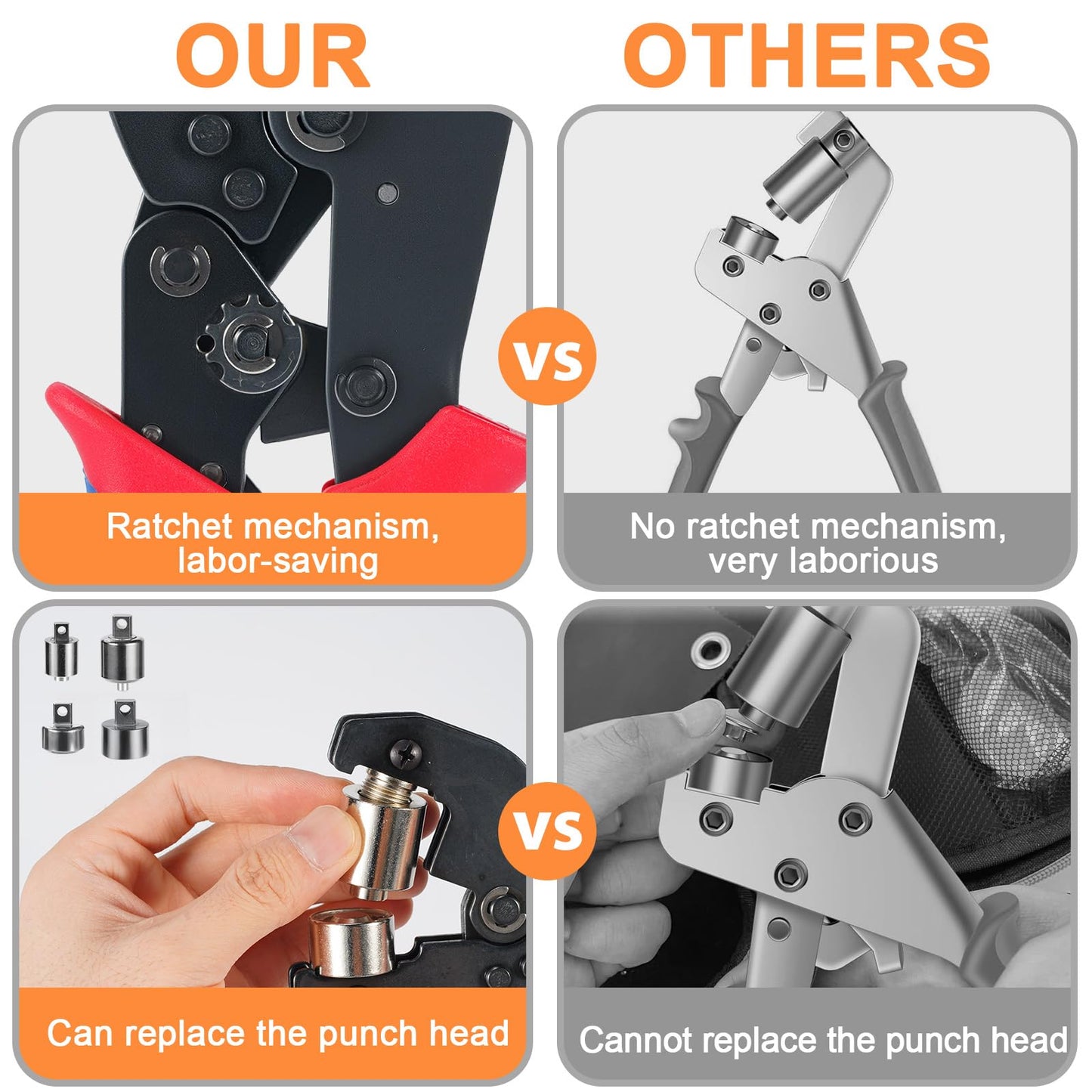 Heavy Duty Ratchet Grommet Tool Kit with 500 Pairs 6mm and 10mm Grommet Kit, Amliber Interchangeable Head Grommet Press with Silver Eyelets and Grommets for Fabric, Tarp, Leather