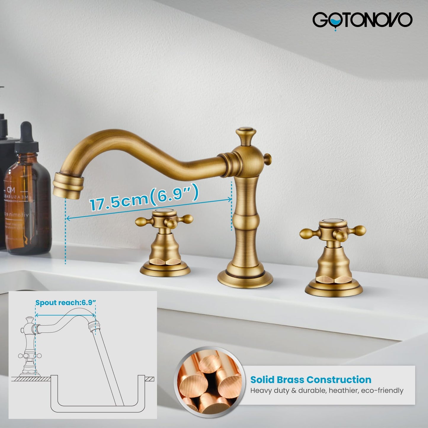 gotonovo 3 Hole Widespread Bathroom Sink Faucet Double Cross Handle Mixer Tap Faucet for Bathroom Sink Vanity Faucet Deck Mount Basin Hot Cold Water Matching Pop Up Drain Antique Brass