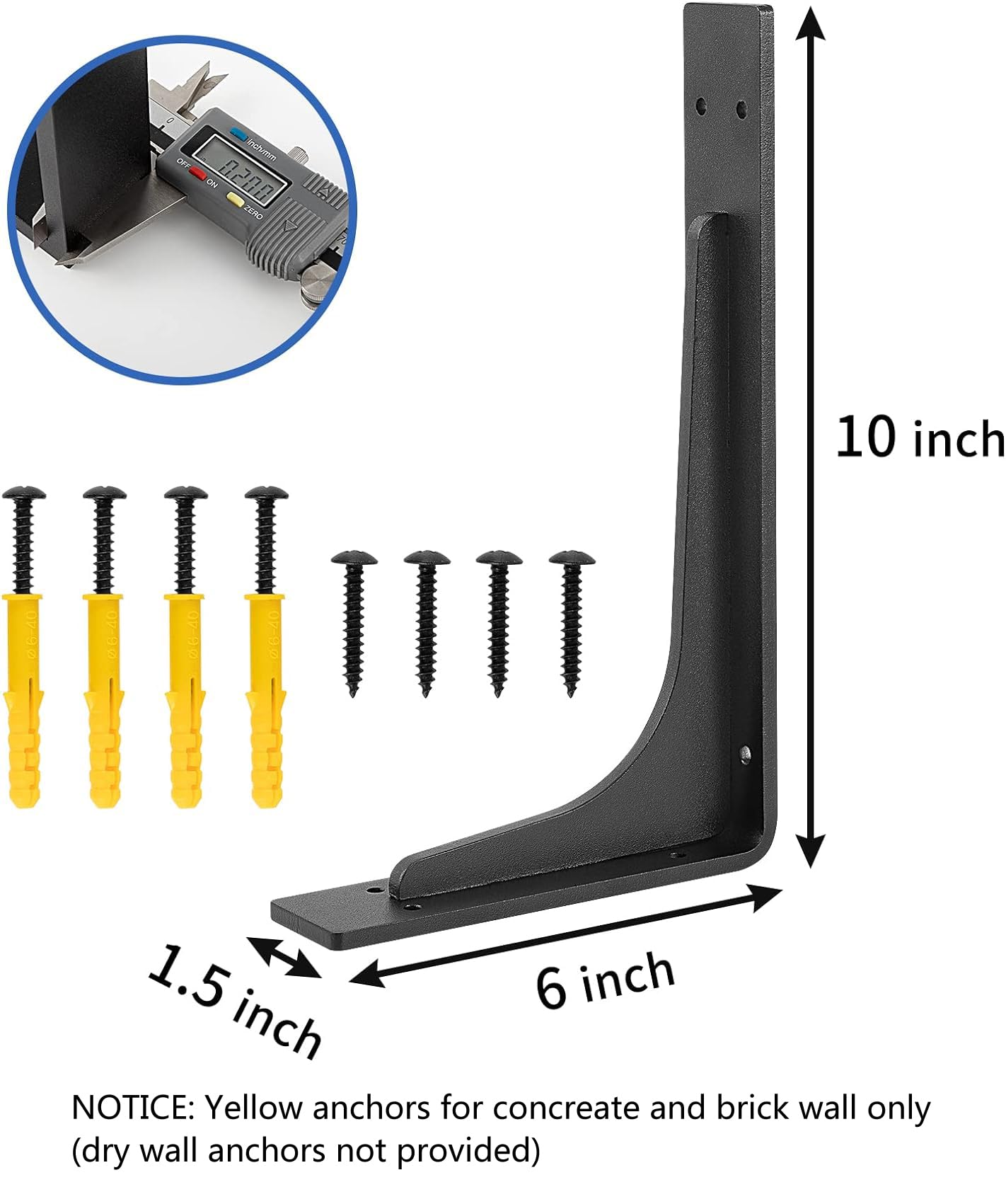 PICESA 10"x 6"Shelf Brackets,L Shelf Brackets,max Load 300lbs, Vertical Angle, Premium Alloy Metal Heavy Duty Shelf Bracket, high Strength Mounting Hardware Included, Corner Brace Joint,Pack of 4.