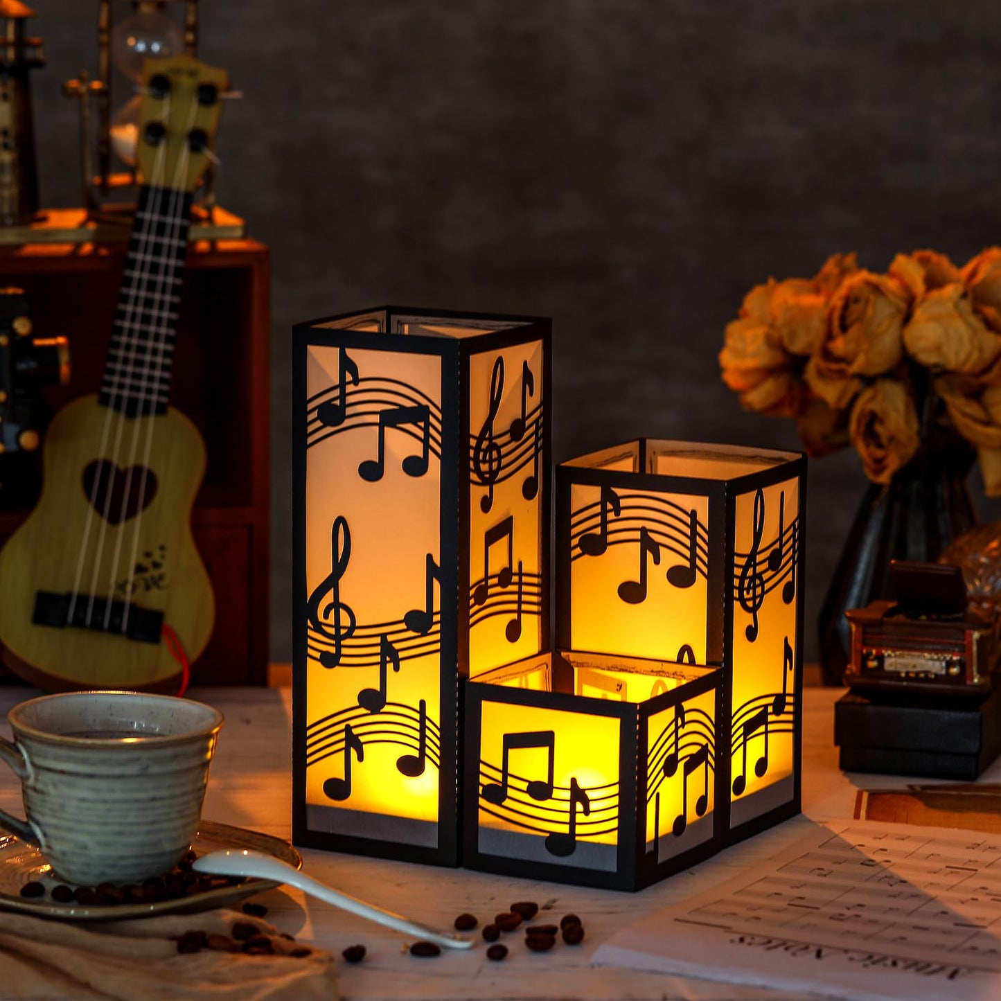 Rossesay 24 Pcs Music Party Decorations Music Note Centerpieces for Table 3 Size Musical Note Paper Lantern Boxes with LED Tealights for Musical Themed Wedding Birthday Baby Shower Party Room Decor
