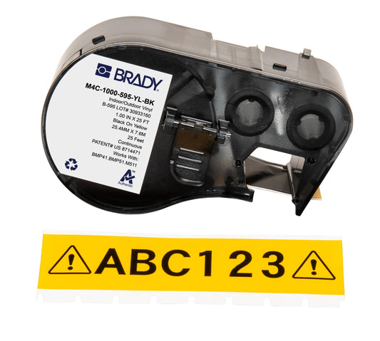 Brady Authentic (M4C-1000-595-YL-BK) All-Weather Vinyl Labels 1 in W x 25ft Black on Yellow. for use with BMP41, BMP51, M410, M510, and M511 Label Printers.