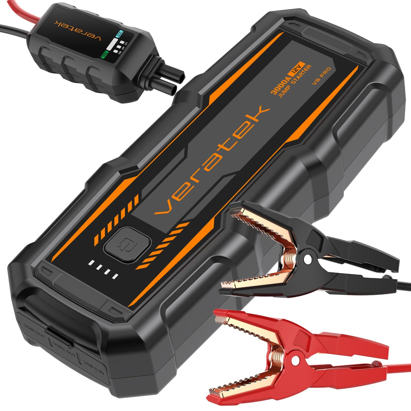ReelCharge V8 Pro 3000A Car Battery Jump Starter Portable (8.0L Gas & 6.0L Diesel) – 12V Lithium Battery Booster Pack with SmartCharge Safety, Jumper Cables, 20000mAh Power Bank, Jump Box, LED Light