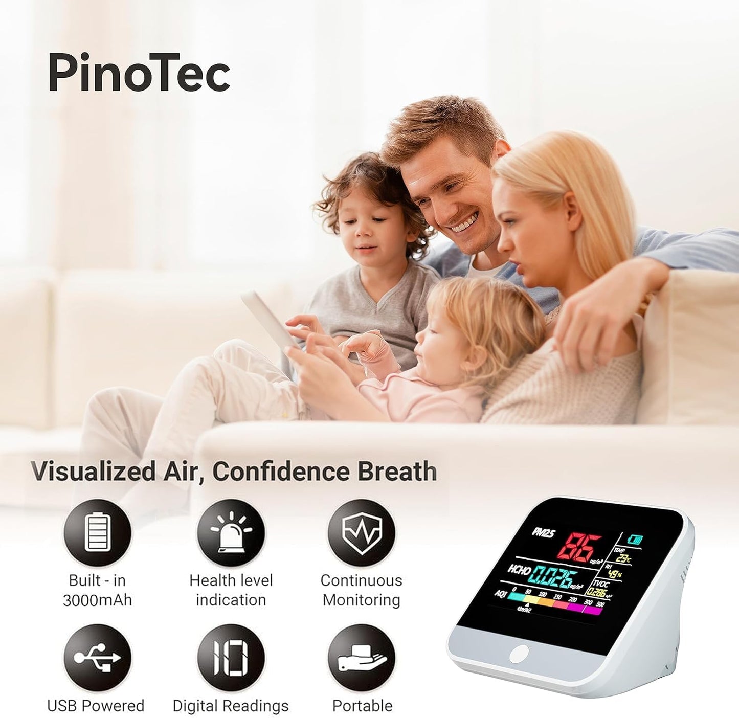 Professional 13 in 1 Air Quality Monitor Indoor, PM2.5/PM1/PM10/Temperature/Formaldehyde/Humidity/TVOC and 6AQI with Alert Buzzers, Portable & Easy to Use for Home Car Office School Air Quality Tester