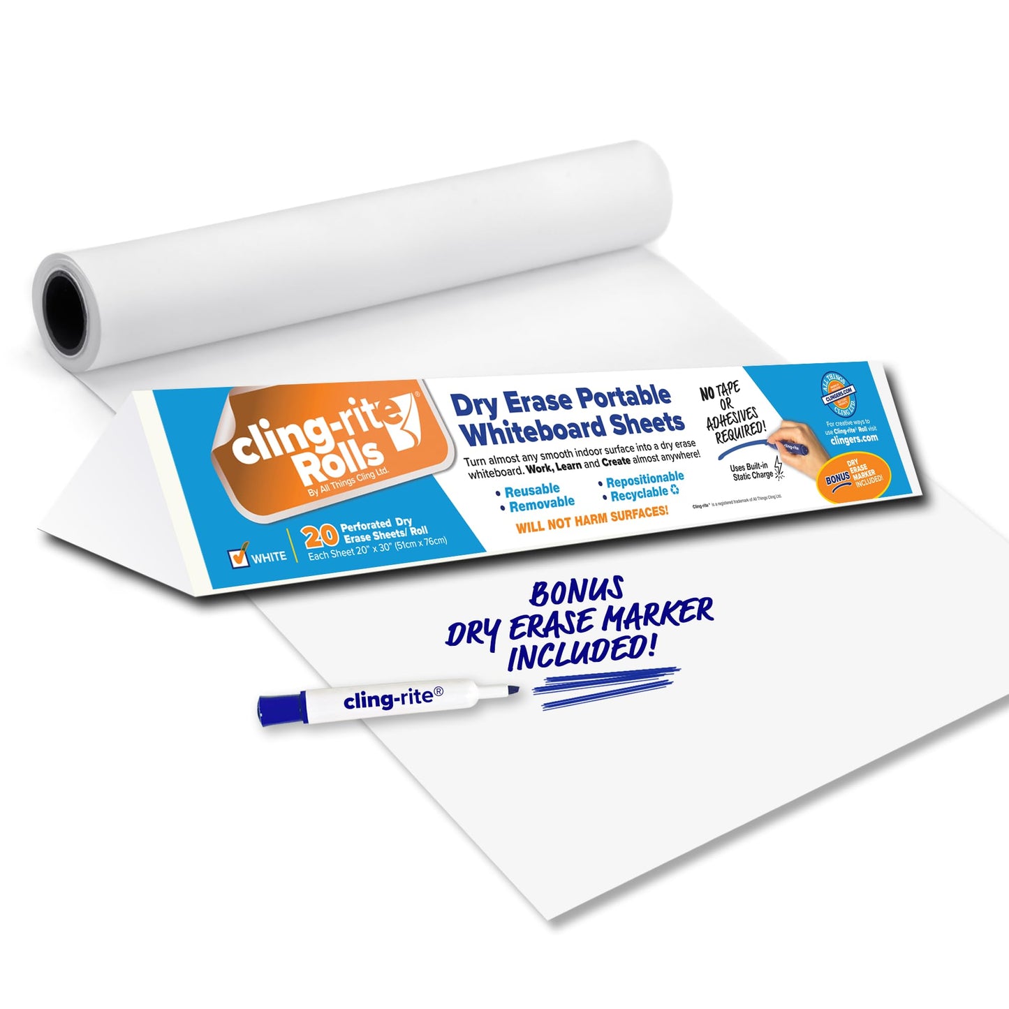 Clingers Dry Erase Cling-rite Roll Basic - Removable, Recyclable Whiteboard, 50' ft Roll, 20x30 Inch Sheets for School, Home, Office Decor, and Art Projects & Dry Erase Marker - American Made