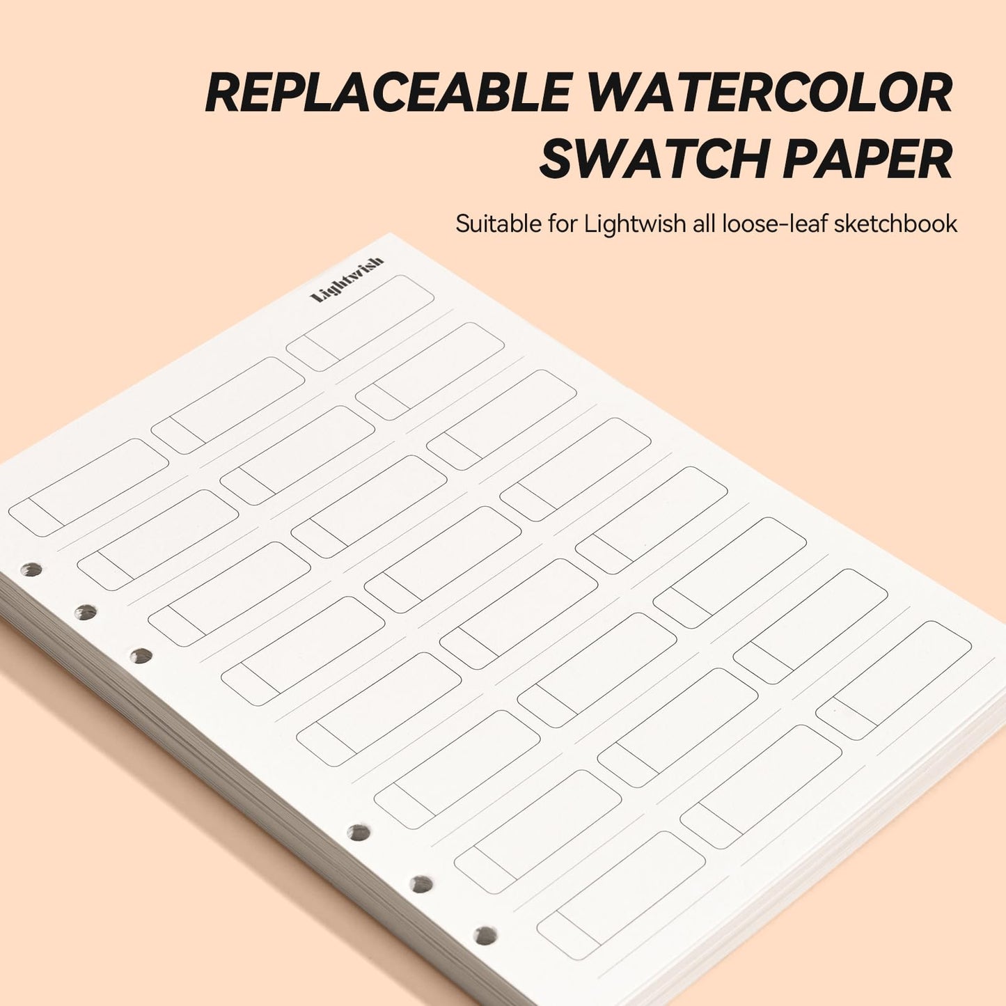 LIGHTWISH Watercolor Swatch Paper Bulk - 100% Cotton Hot Press 300gsm/140lb, 2 Pack, Total 40 Sheets 24 Spaces A5 Hole-Punched Replaceable Paper for Watercolor, Gouache, Oil Pastels,5.8 * 8.2 Inches
