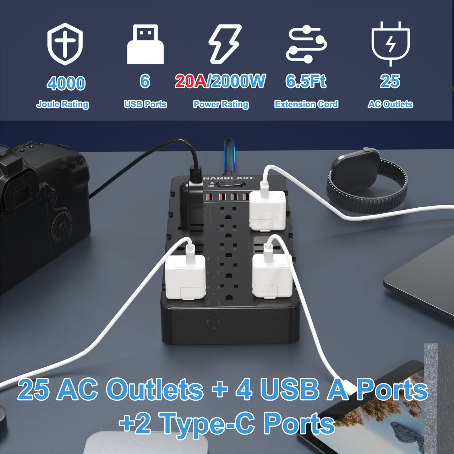 20 Amp Power Strip Surge Protector,Straight Plug Heavy Duty 12 Gauge Cord 6.5 ft,2000W 25 AC Outlets,6 Fast USB Ports,4000 Joules Protection,Office Workshop Household Garage Black