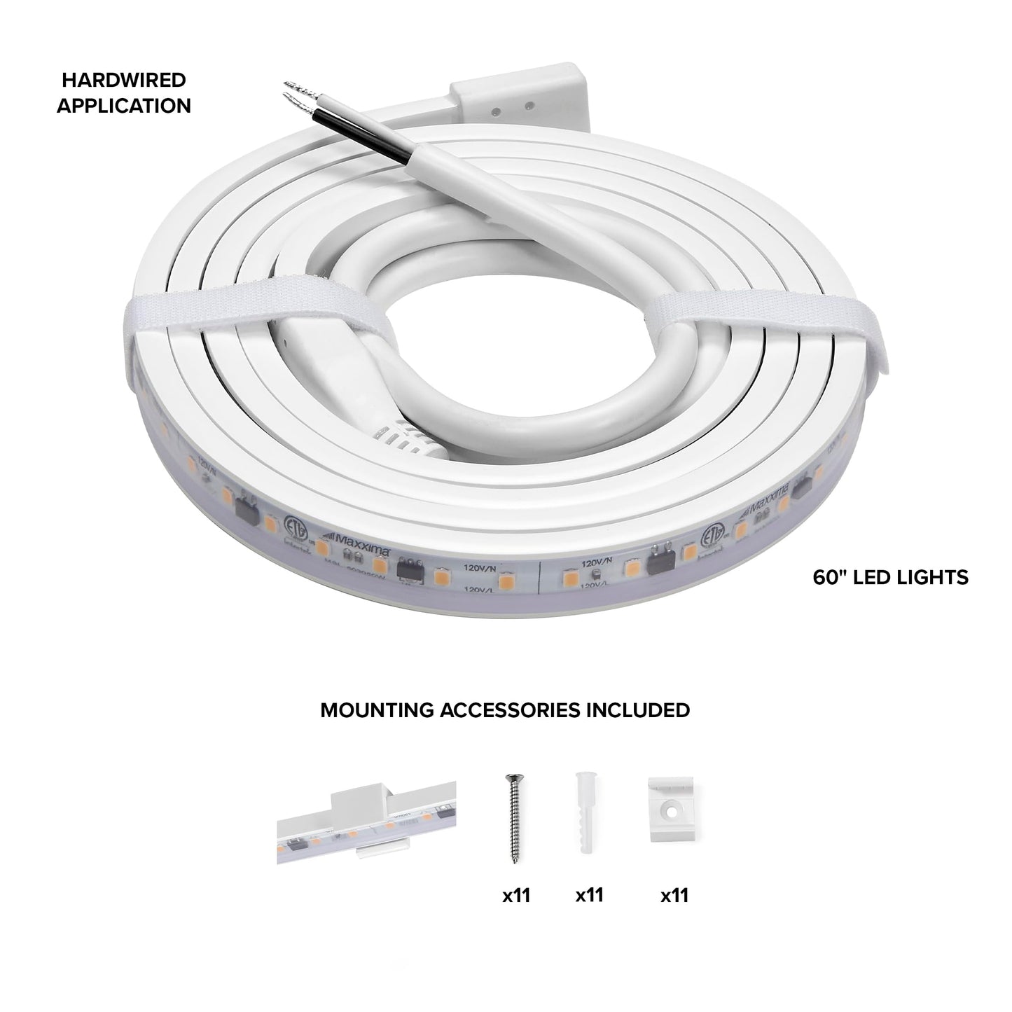 Maxxima 60 in. Hardwired LED Under Cabinet Strip Light, 2300 Lumens, 3000K Warm White, Kitchen and Living Room 120V White Cove Lighting, No Power Supply Needed
