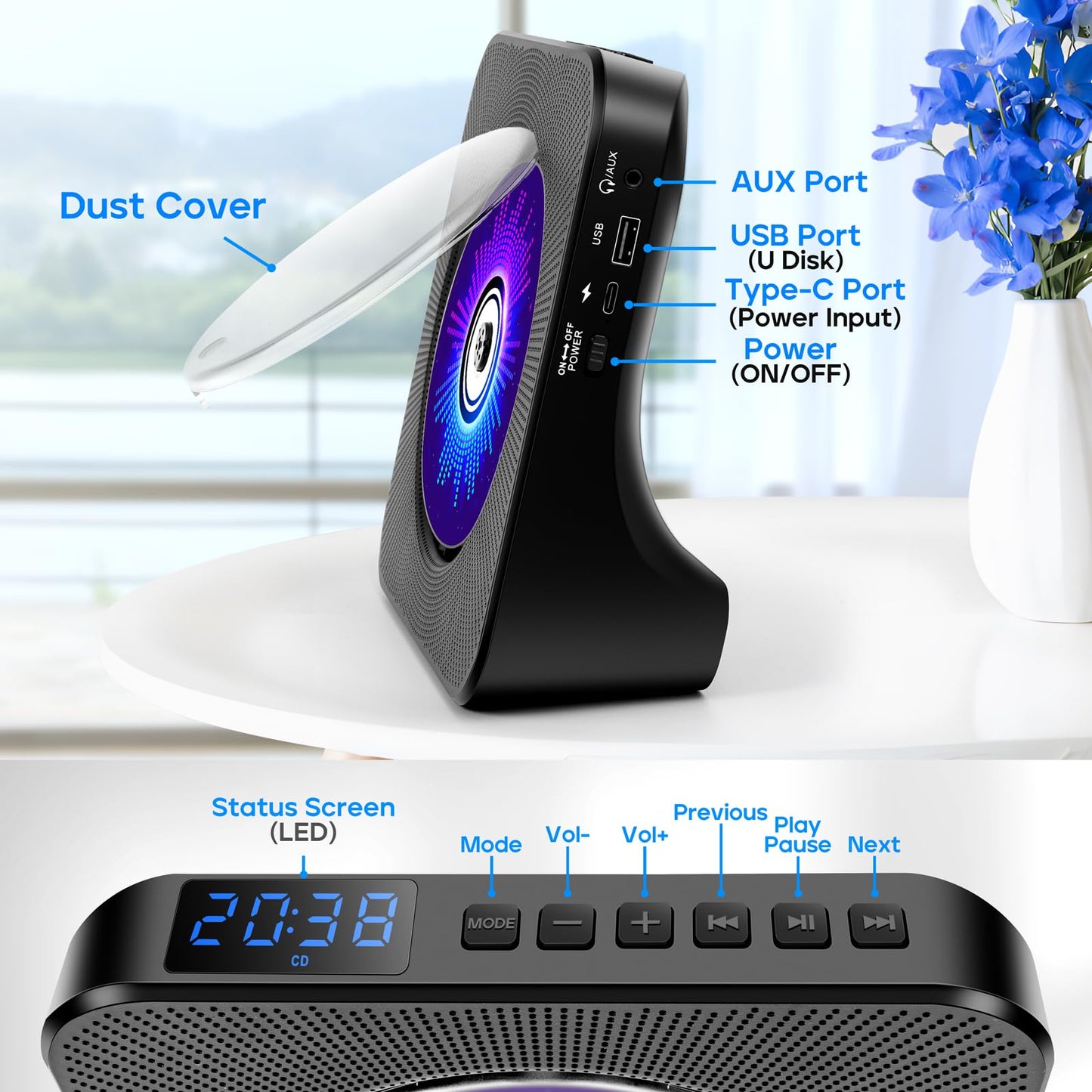 Desktop CD Player with Speakers, ROADOM CD Players for Home, Portable CD Player with Bluetooth Hi-Fi Stereo Sound,Remote Control,Supports CD/Bluetooth/FM Radio/U Disk/AUX/Timer/Repeat,Black