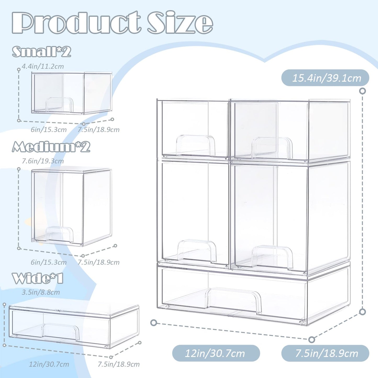 zebrater Baby Bottle Organizer-5 Pack Stackable Storage Drawers, Baby Organizers and Storage with Hooks, Clear Acrylic Multipurpose Bottle Storage for Countertop,Kitchen,Cabinet,Vanity,Bathroom