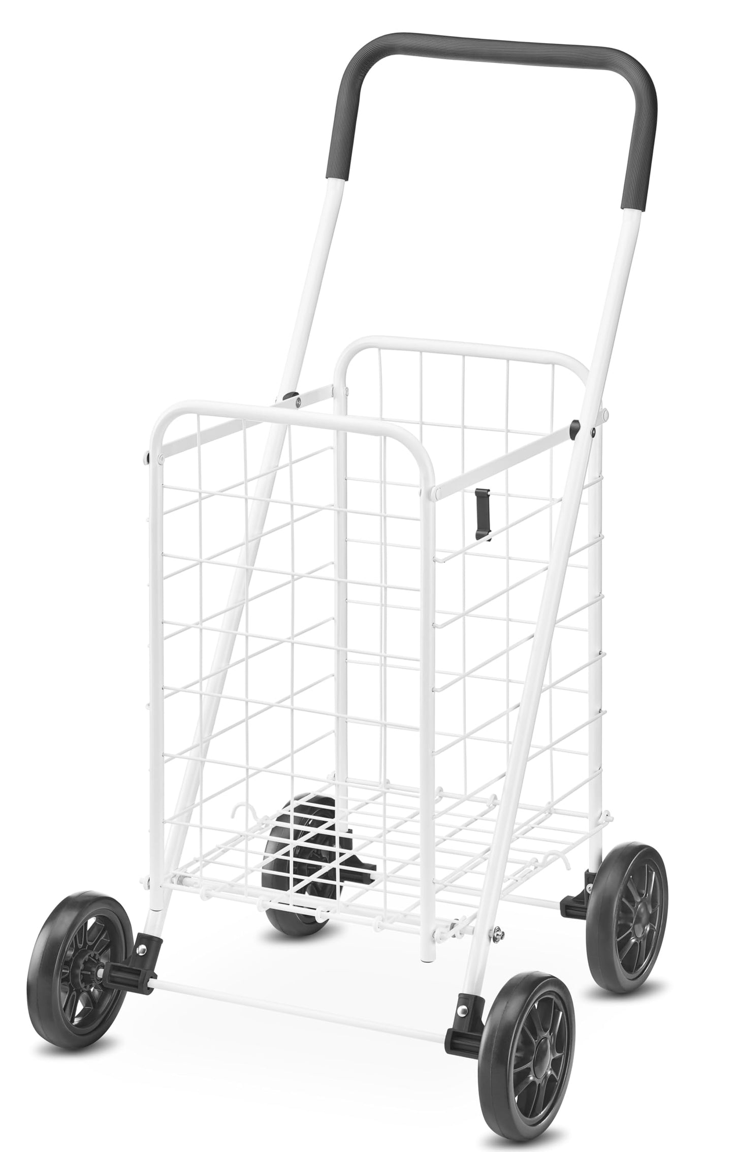 Whitmor Folding Utility Shopping Cart with Wheels, Heavy Duty Metal Grocery Cart, Portable Foam Handle, Rolling Collapsible Trolley for Groceries, Laundry, Storage, White