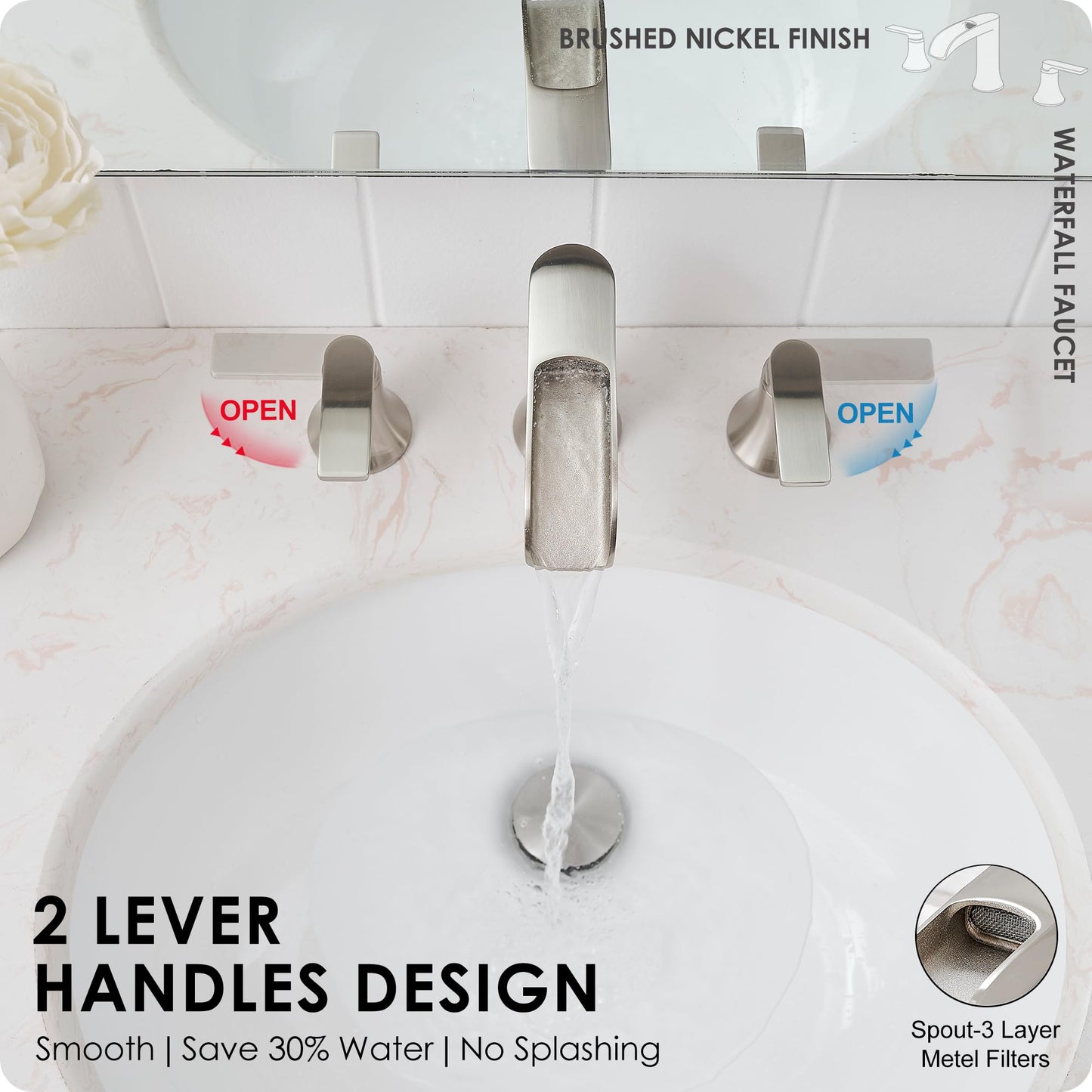 HOIGY Brushed Nickel Bathroom Faucet 3 Hole, 4-8 Inch Waterfall Bathroom Sink Faucet Widespread with Drain & cUPC Supply Hose, 2 Handles for Vanity, Lavatory, Restroom, Brass Material, 10 Mins Install