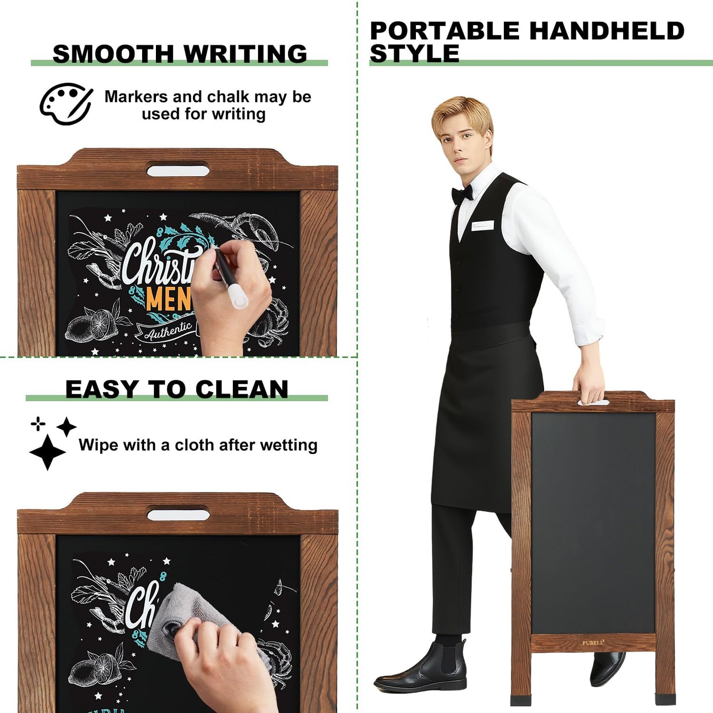 Magnetic Sandwich Board Sign - 40 x 20 Inches Brown Large Wooden A-Frame Chalkboard, Double-Sided Outdoor Easel Display for Sidewalk, Restaurant, Cafe, Shop, Wedding, Party or Business