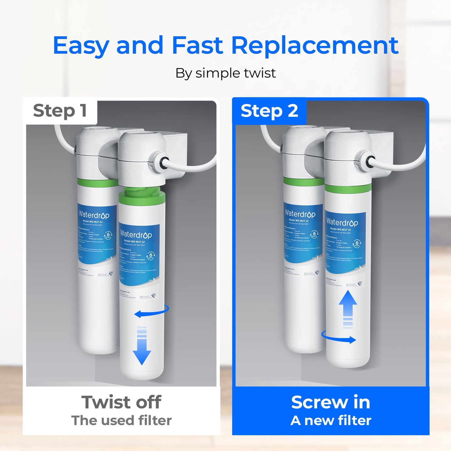 Waterdrop FQK2J Under Sink Water Filter, Replacement for GE FQK2J, FQK1K, Compatible with GE GXK255TBN, 1350 Gallons Dual Flow Drinking Water Replacement Filters, 4 Pack