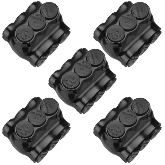 Copkim 5 Pack Black Multi Cable Connector Insulated Multi Tap Connector 3 Wire Port Splice Dual Sided Entry Prefilled with Oxide Inhibitor (1/0-14awg)