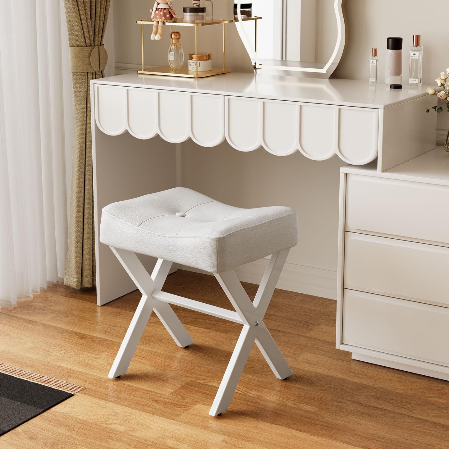 Memobarco 18-Inch Leather Vanity Stool Chair, Vanity Bench with Metal X-Leg, Ottoman Accent Stool with Thick Padded Saddle Seat, White