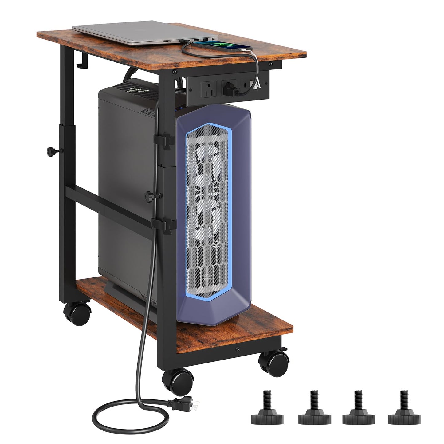 HavenlyYouth 2-Tier Computer Tower Stand with Power Outlet, Height Adjustable PC Tower Stand with Wheels, ATX-Case CPU Holder Cart with Hooks for Home, Office, Gaming (Brown)