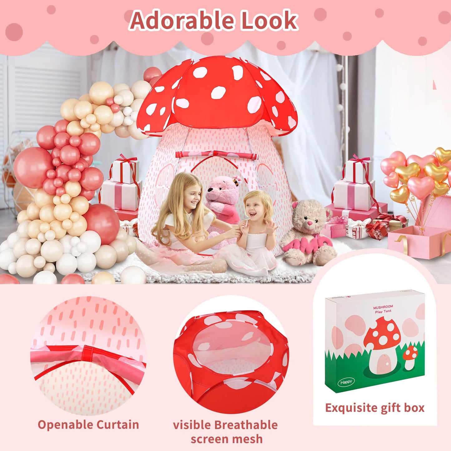 Play Tent for Kids Pop UpTent Indoor Outdoor Boys and Girls Playhouse with Exquisite Design for Imaginative Mushroom Tent by CRAWLBO Patented(RED/Large)