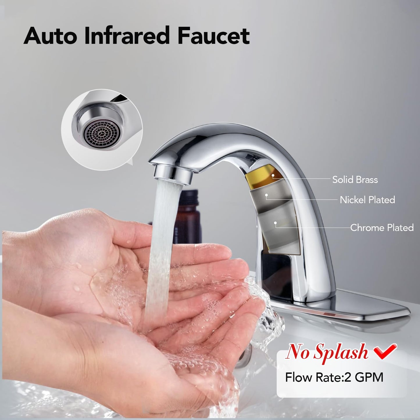 Automatic Touchless Bathroom Sink Faucet Commercial Sensor Motion Activated Hands Free Basin Auto Tap with Deck Cover Plate Battery Operated Temperature Valve Water Saving Modern Stylish（Chrome）