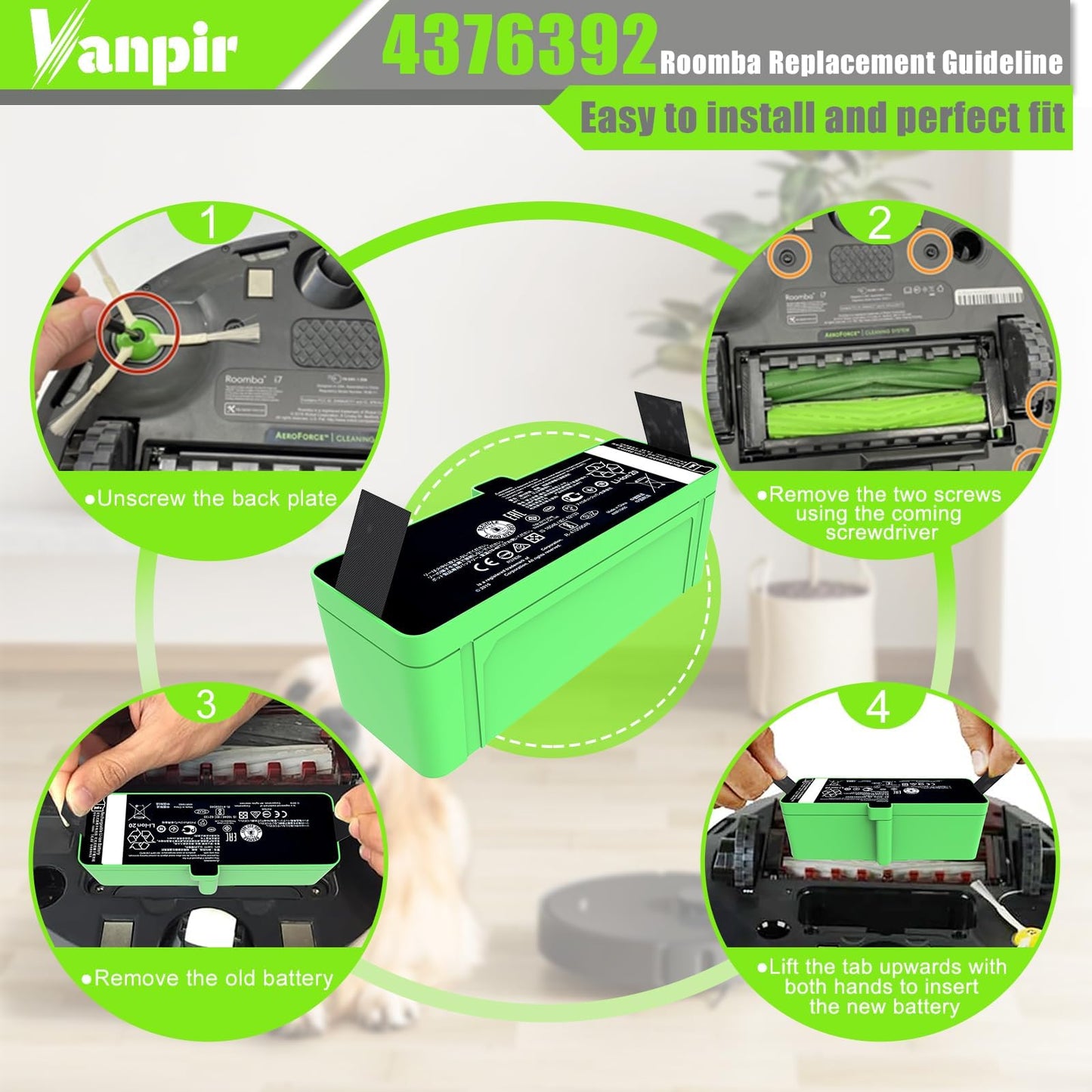 Replacement Battery for iRobot Roomba 500 600 700 800 900 Series 4376392 5200mAh 74.88Wh Upgrade battery Compatible with Roomba 960 981 970 965 801 805 850 860 890 891 895 695 690 685 680 670 1800LI