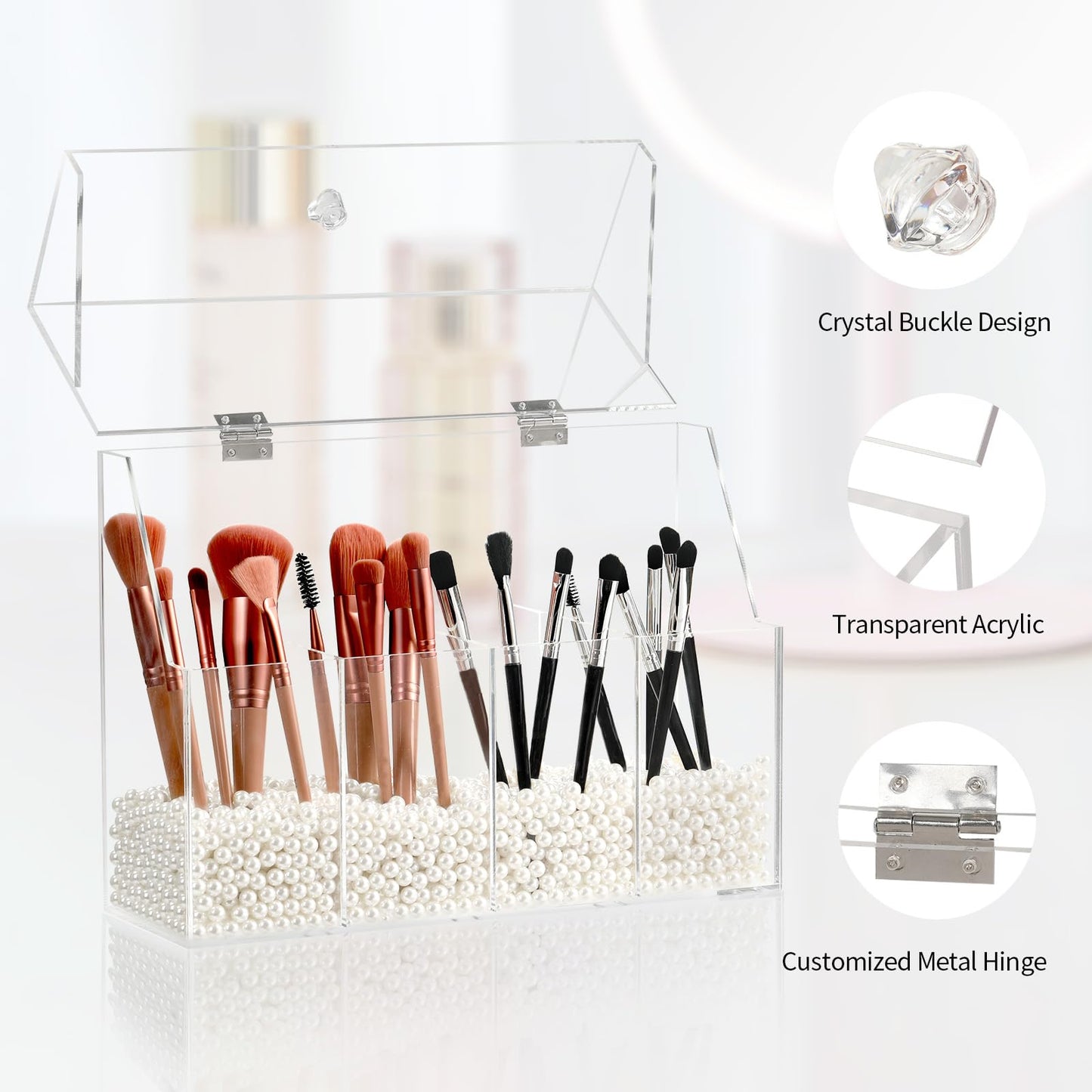 Vevitts Acrylic Makeup Organizer, Clear Cosmetic Brush Storage Box With 4 Brush Holders,Makeup Brush Holder with Dust Cover, Large-capacity Split Design Can Quickly Organize the Desktop（No pearls）