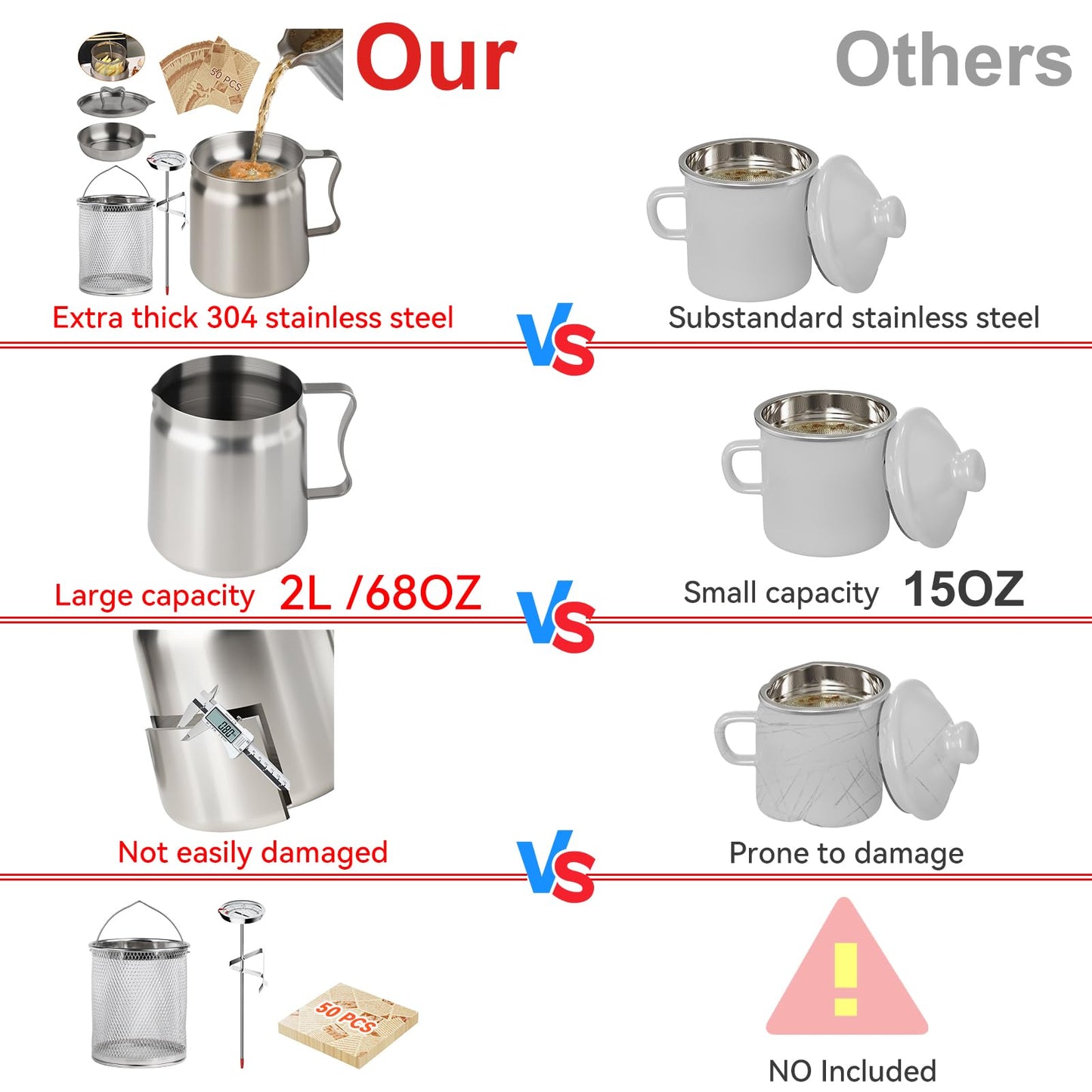 2L Oil Filter Pot Bacon Grease Saver with Strainer, 68oz Steel Pour Fryer Large Capacity Bacon Grease Container with Cooking Thermometer & 50 Wax Papers Stainless Steel for Kitchen Camping