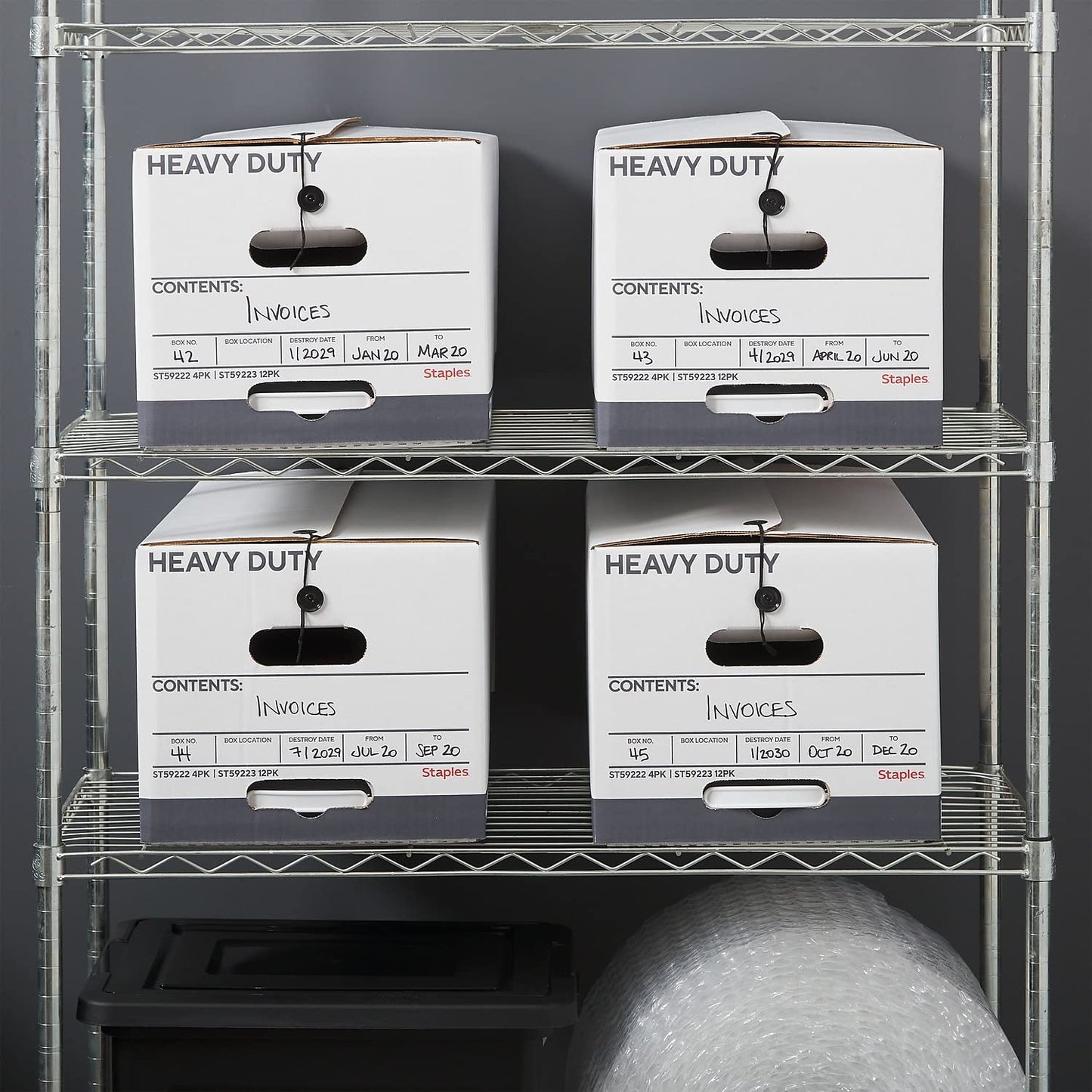 STAPLES Storage & Filing Box, Heavy-Duty with Handles & String-Button Lid, Letter Size Documents, Stackable, 4-Pack, White/Gray