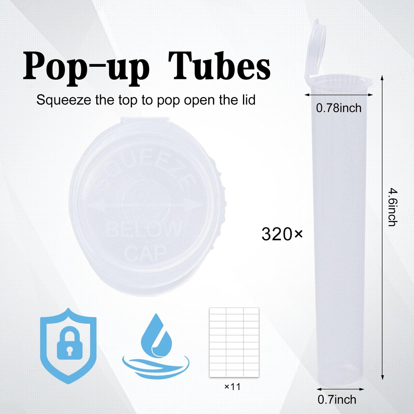 320 Pcs 116mm Clear Plastic Tubes with 11 Sheet Labels Bulk Plastic Tube Sealing Waterproof Airtight Container Smell Proof Containers Pill Vial Empty Holders with Lids