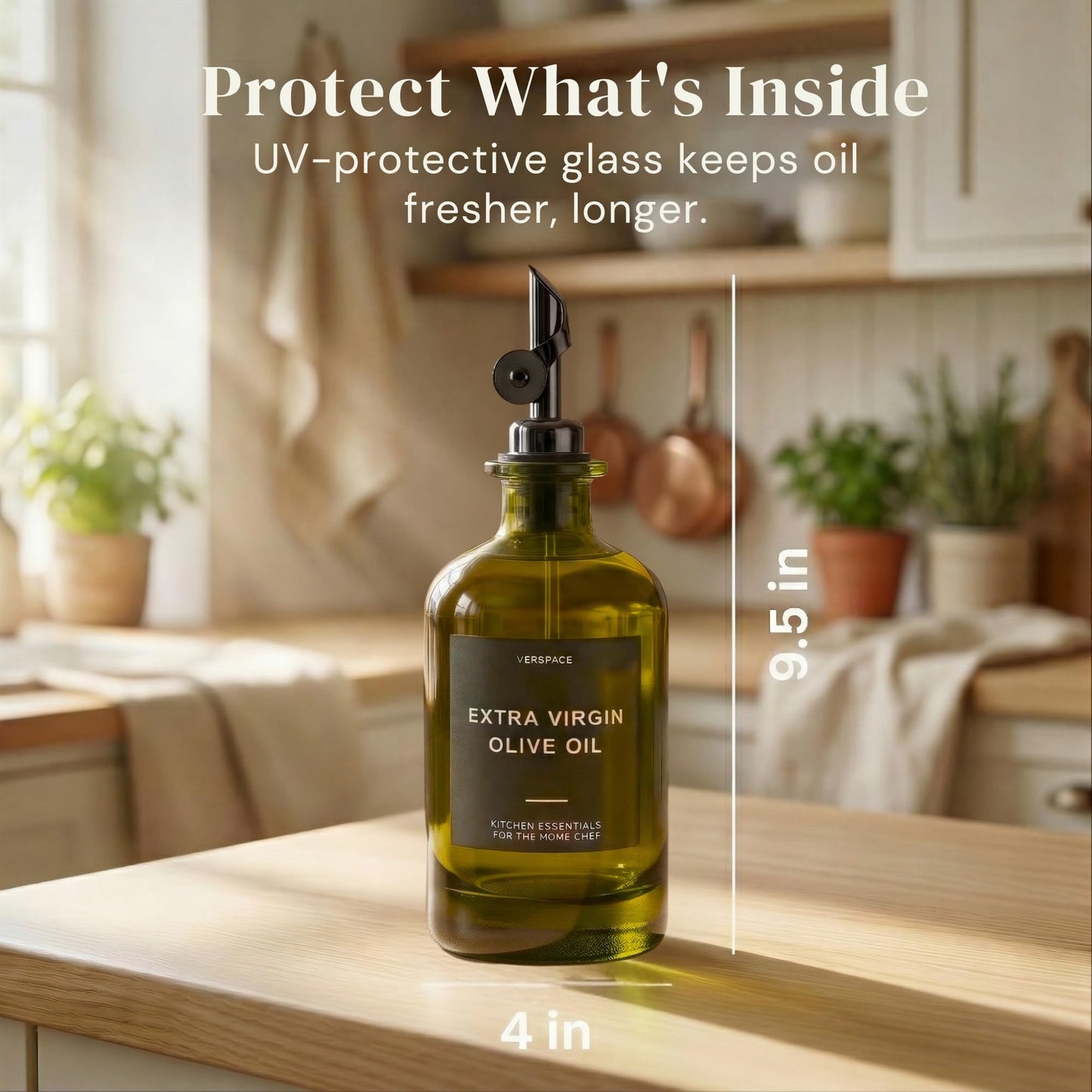 Verspace UV-Protected Green Glass Olive Oil Dispenser Bottles For Kitchen - 2 Pack - 17oz Includes 40 Kitchen Essential Labels, Avocado Oil Dispenser Set, Modern Decor for Home, Airbnb, Cafe