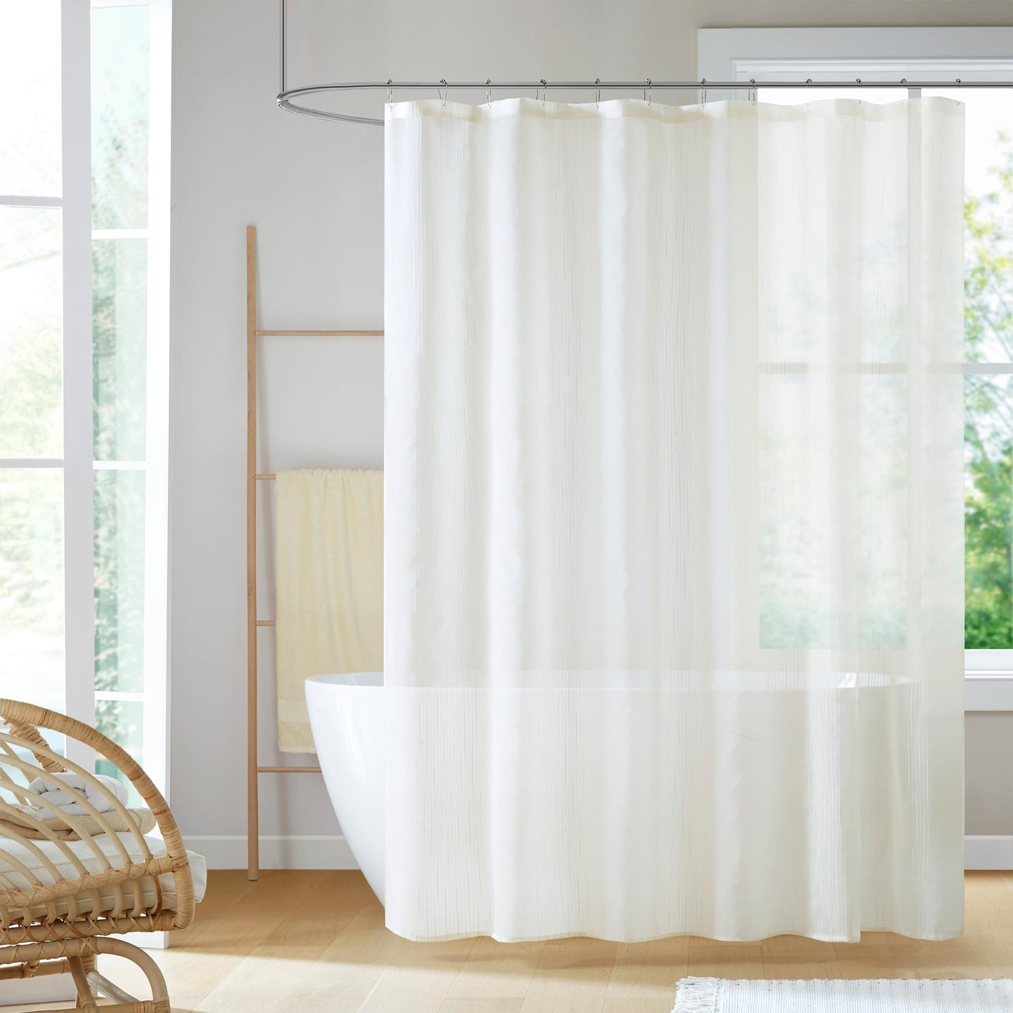 Madison Park Anna Sheers Shower Curtain, Textured Striped Accent Design, Modern Mid-Century Bathroom Decor, Machine Washable, Fabric Privacy Screen 72x72, Ivory