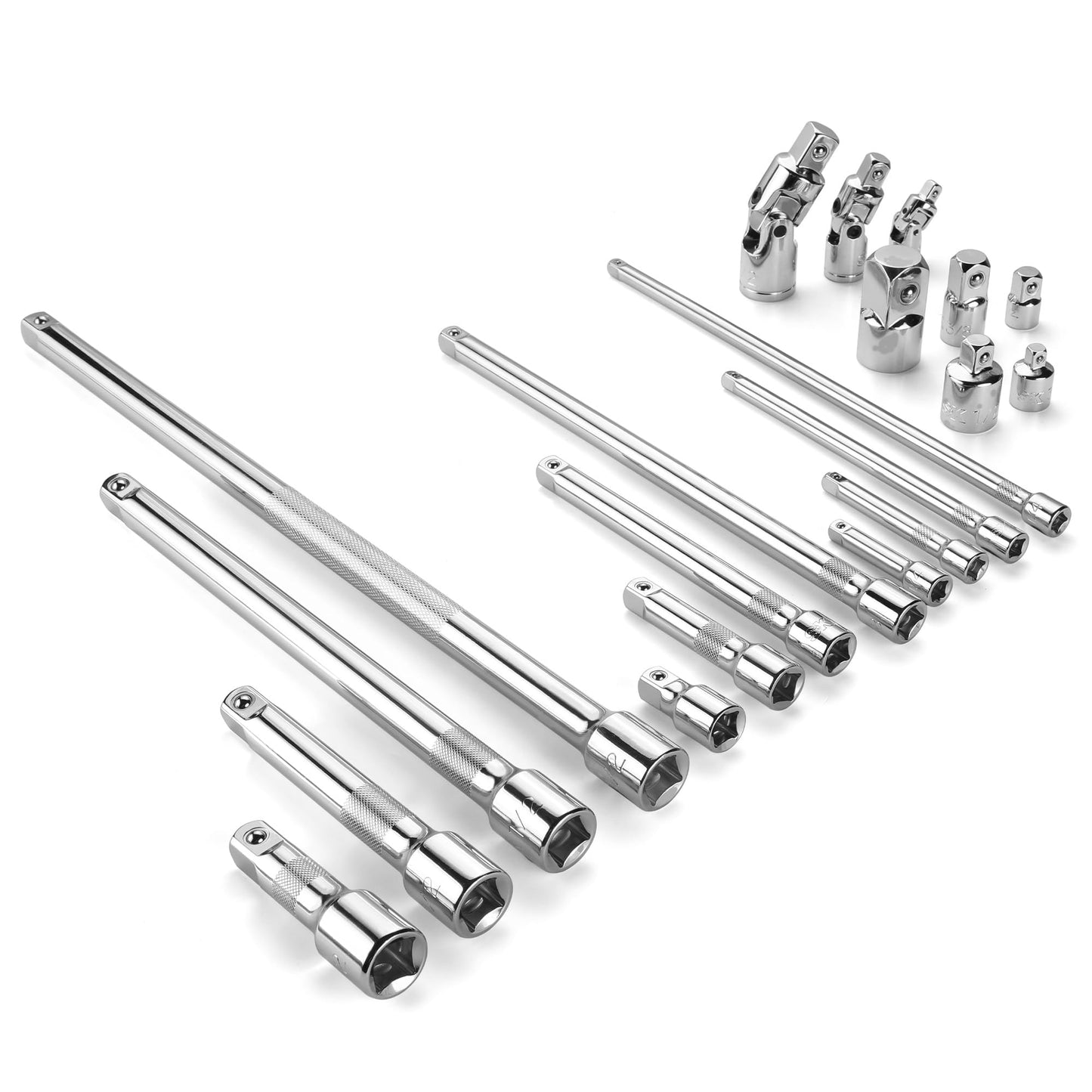 SK 20 Piece Socket Extension Set, 1/4", 3/8" and 1/2" Drive Extension Bar, Swivel Universal Joints and Adapters, SuperKrome Finish, Premium CR-V Construction
