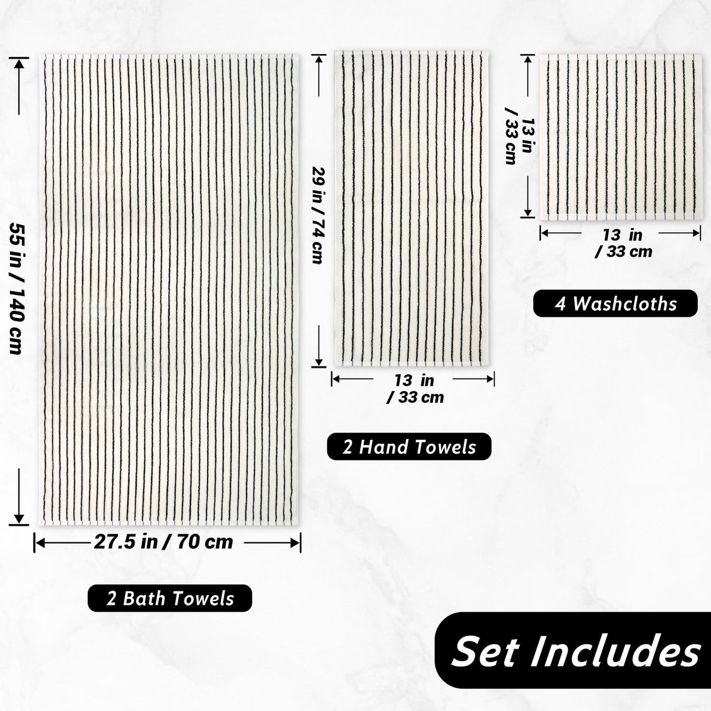 Jacquotha 8 Piece Black and White Towel Set, Super Soft & Absorbent Cotton Striped Towels for Bathroom Decor, 2 Bath, 2 Hand, 4 Washcloths