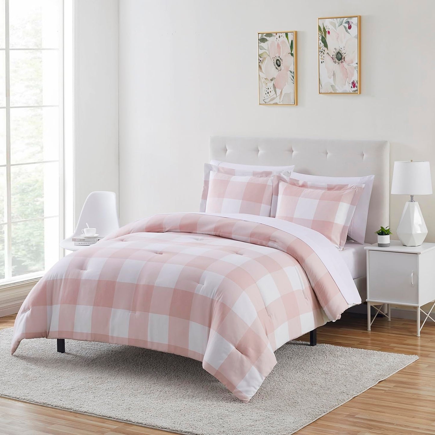 Twin Comforter Set with Sheets - 5-Piece Bedding Collection - 1 Comforter, 1 Fitted Sheet, 1 Flat, 2 Pillowcases - Deep Pocket - Soft & Premium Quality - Ideal for All Seasons, Checkered Box Blush
