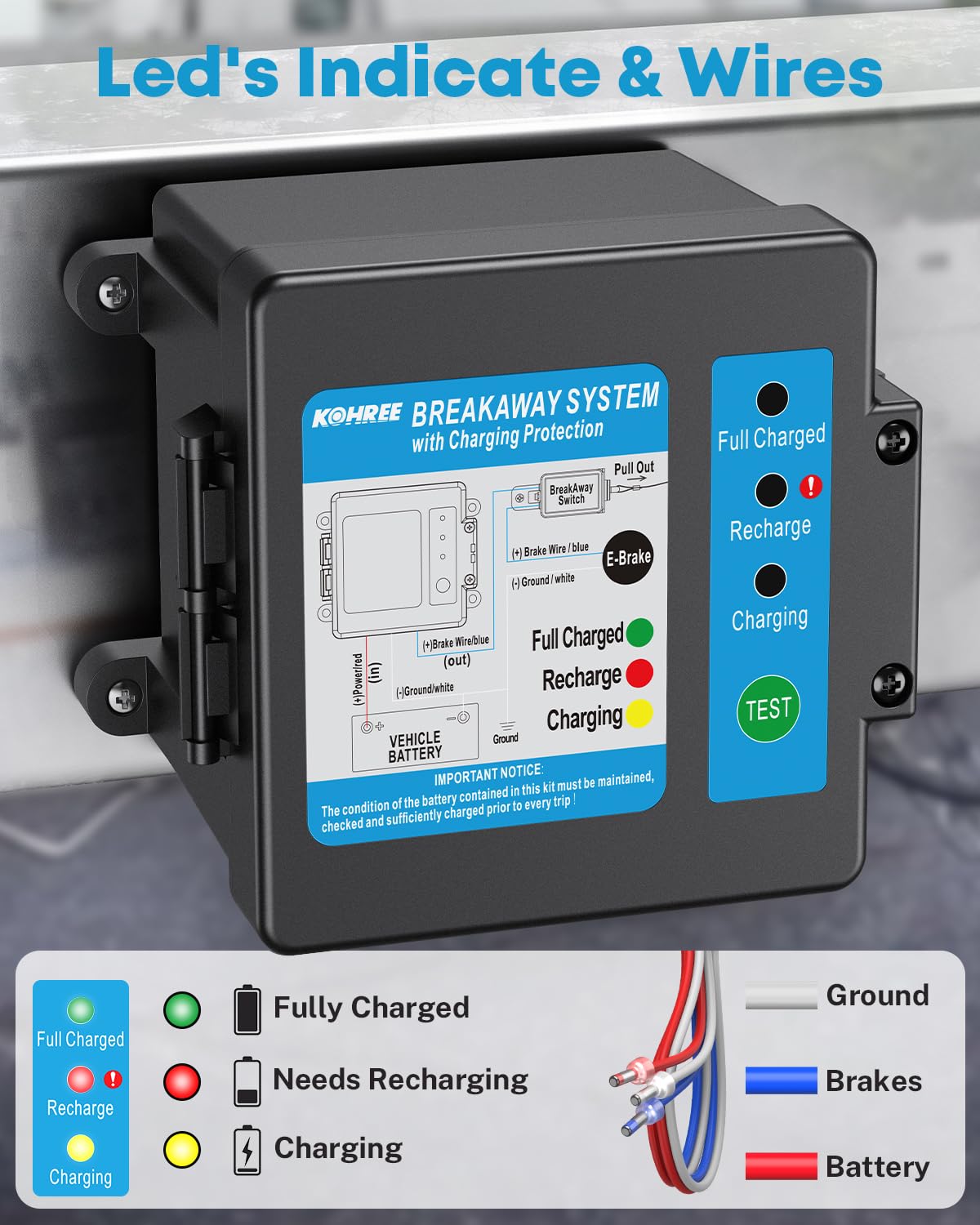 Kohree Trailer Brakes Breakaway Kit, Built-in 12V 5AH Lead-Acid Battery and Charger, Side Load Break-Away Controller System with Switch and LED Indicator, Universal for Trailer Caravan