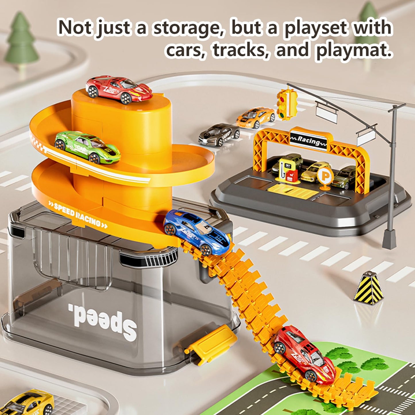 Toy Car Track Storage Playset - Toddler Toys for Ages 2-4, Toy Car Set with 12 Diecast Cars, PlayMat, Race Tracks, Car Ramp, Kids Birthyday Gift for 1 2 3 4 5 Year Old Boys