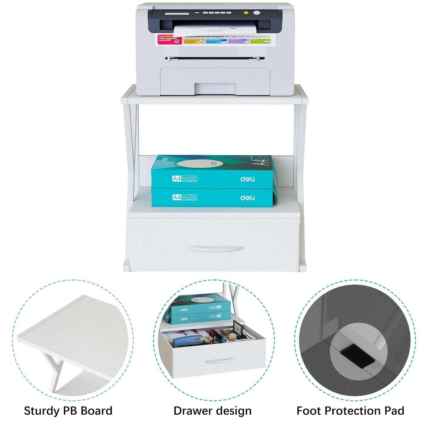 aboxoo Printer Stand for Desk with Storage Drawer, 2 Tier Desktop Or UnderDesk Shelf, Multi-Purpose Desk Organizer for Home Office, fit Fax Machine/3D Printer/Scanner, White