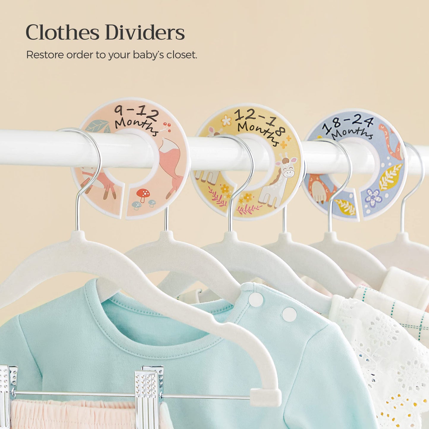 SONGMICS 30 Packs Baby Pants Hangers with Clips, Kids Hangers with 6 Clothes Dividers, Non-Slip Children’s Clothes Hanger, White UCRF013W30